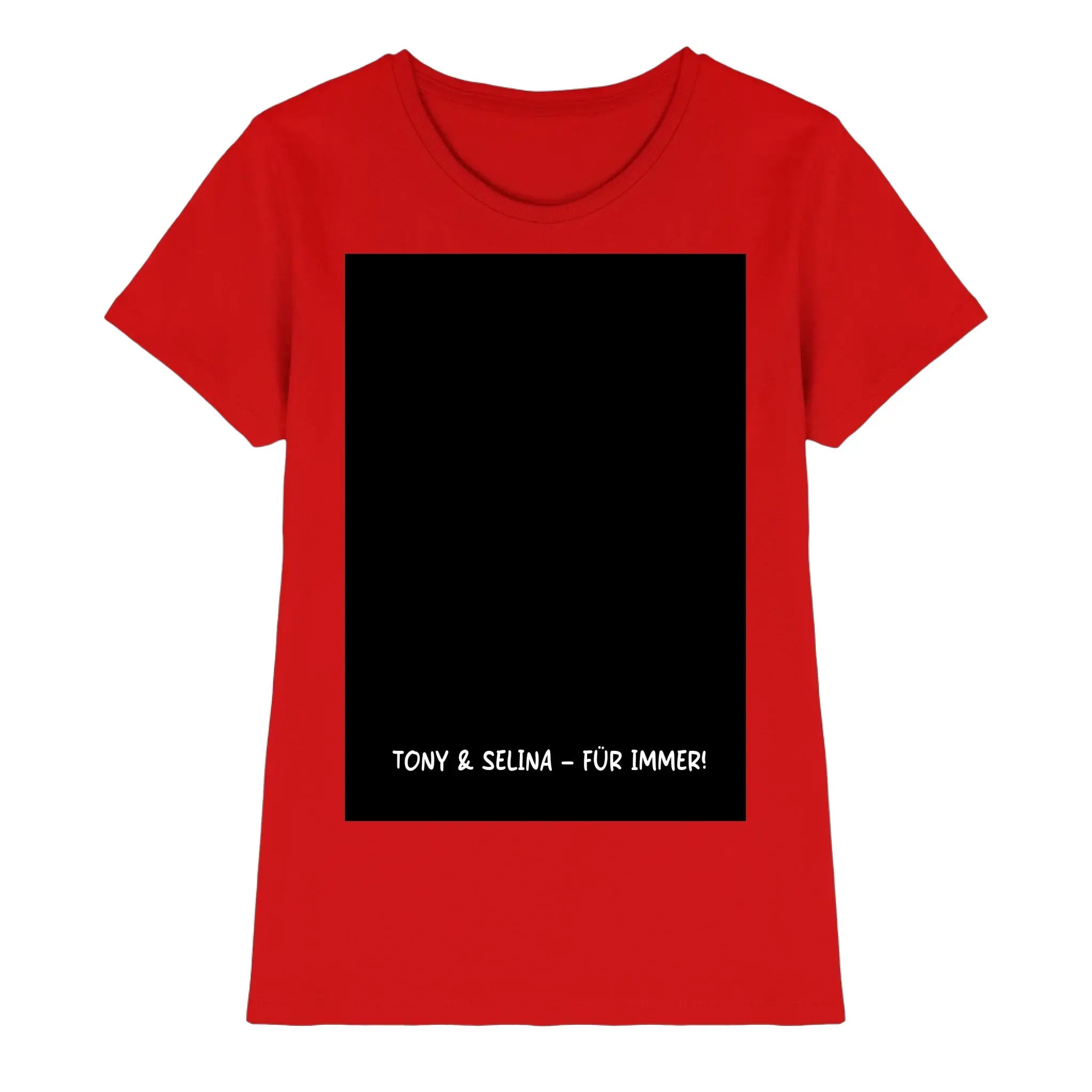 Rotes damen kurzarmshirt mit schwarzem rechteckigem panel und weißem textelement tony & selina für immer aus statement-collection