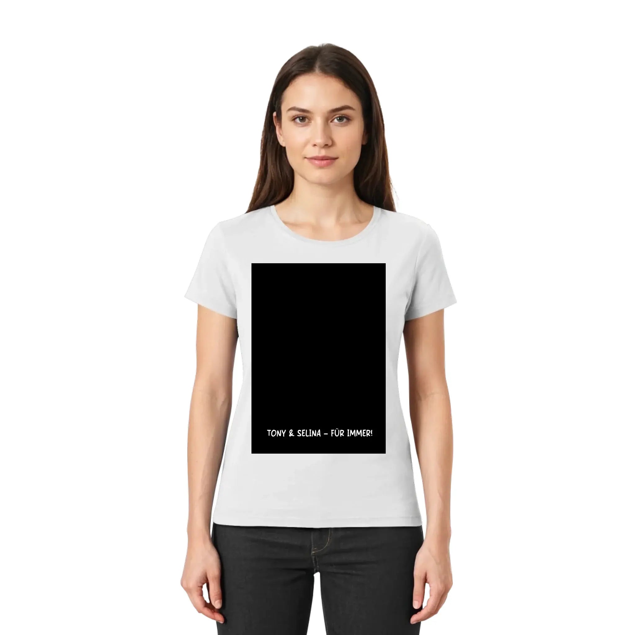 Lightgraues damen t shirt mit schwarzem rechteck und weißem text tony & selina für immer aus der statement collection