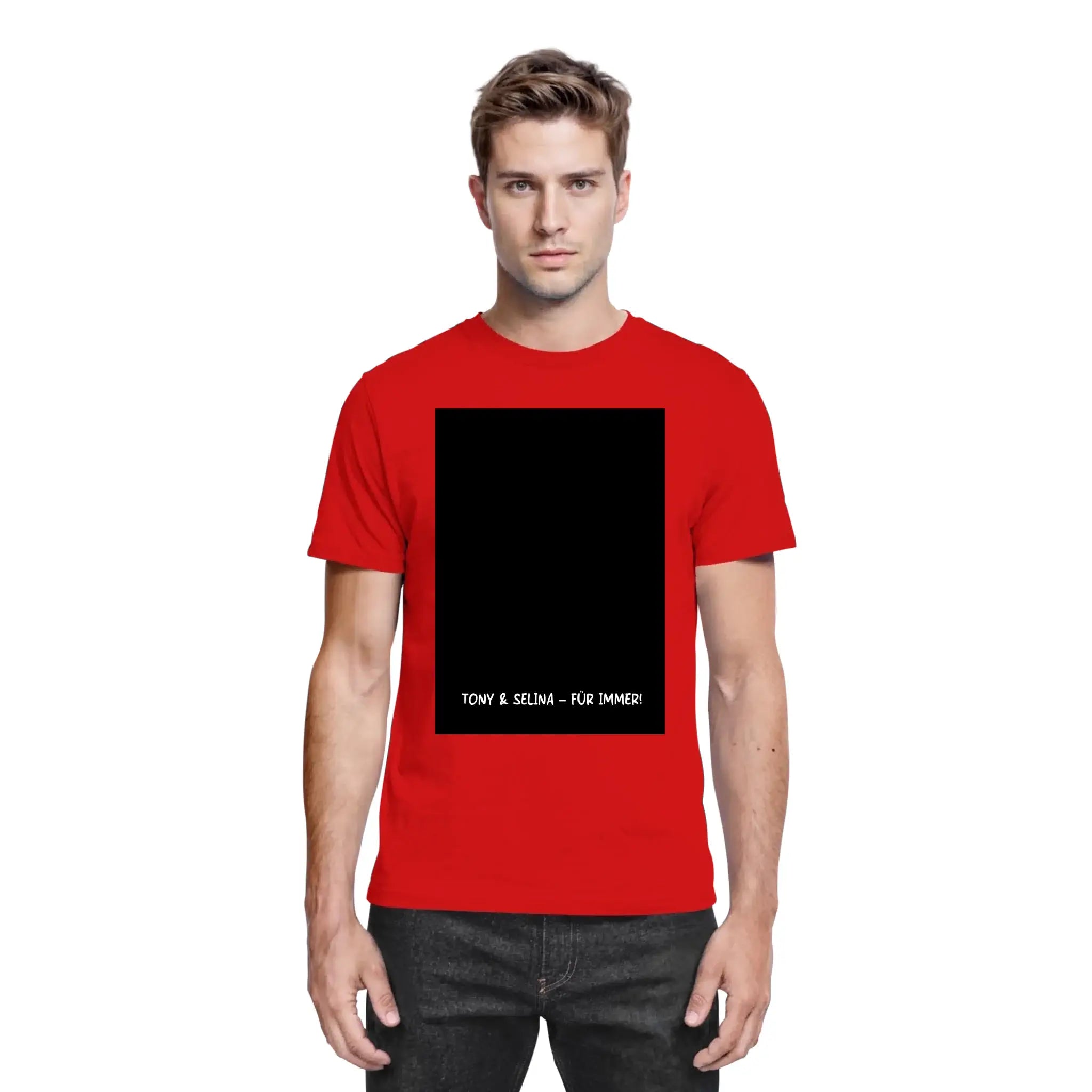 Rotes cotton t-shirt mit schwarzem rechteckigem print und weißem text tony & selma für immer aus der statement-collection