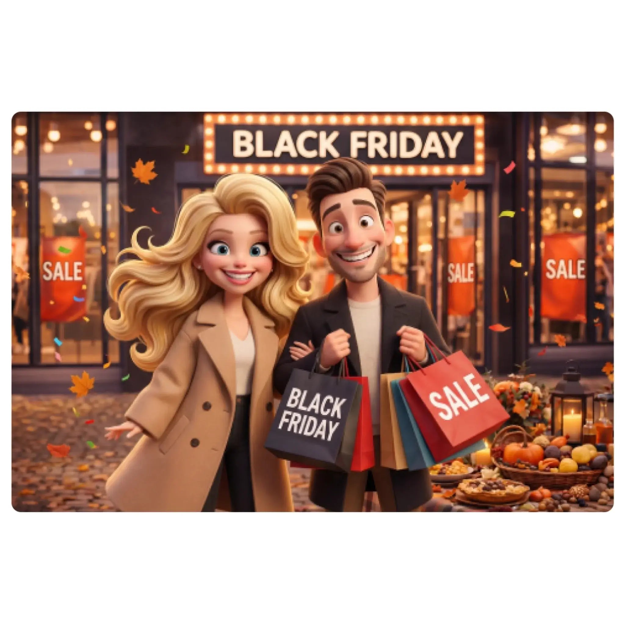 Ein fröhliches cartoon-paar steht vor einem black friday laden mit bunten einkaufstüten im großer viereckiger rahmen product