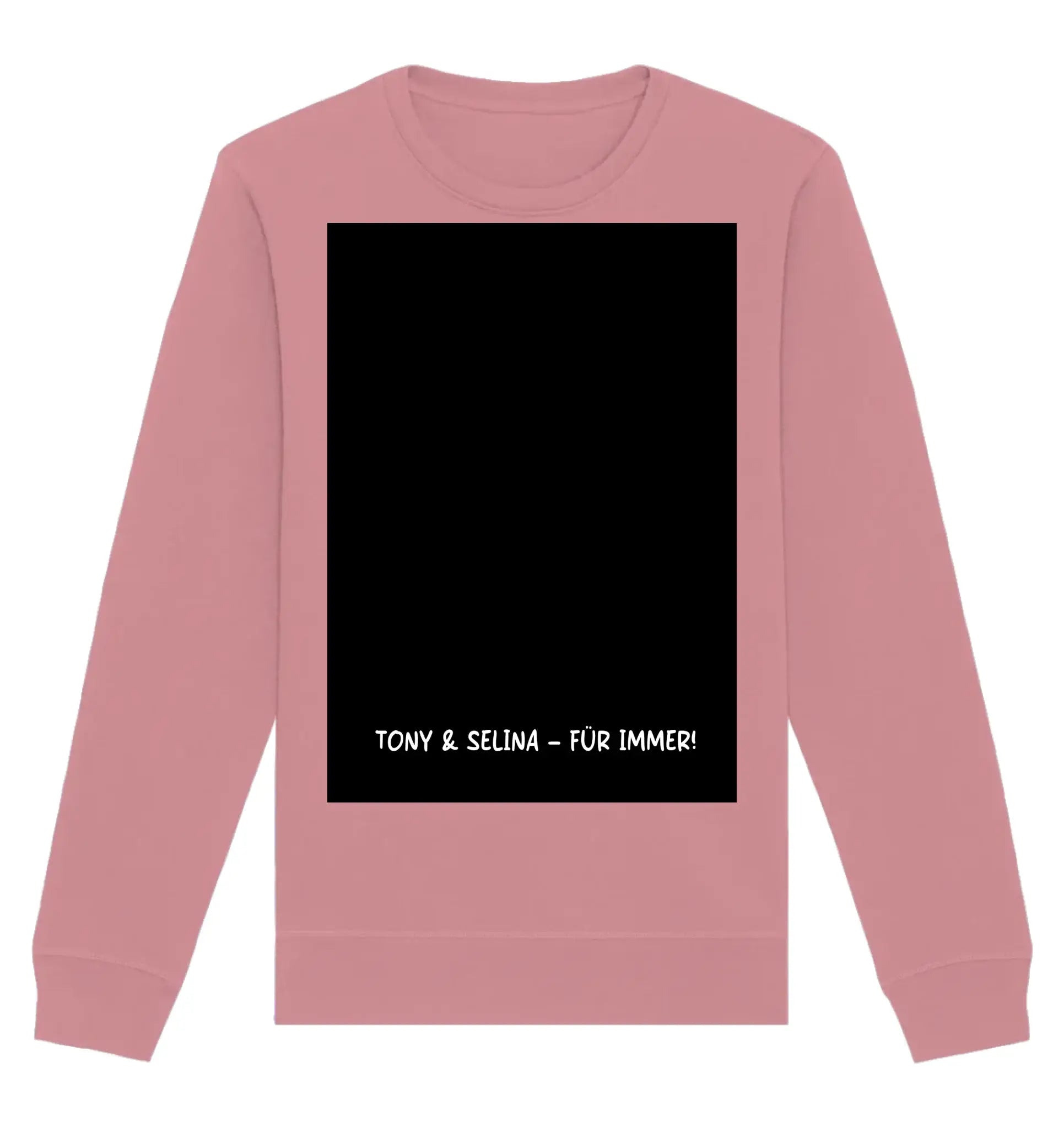 Ein weiches rosa langarm sweatshirt mit schwarzem rechteckigem panel und weißem text ton y und selina für immer