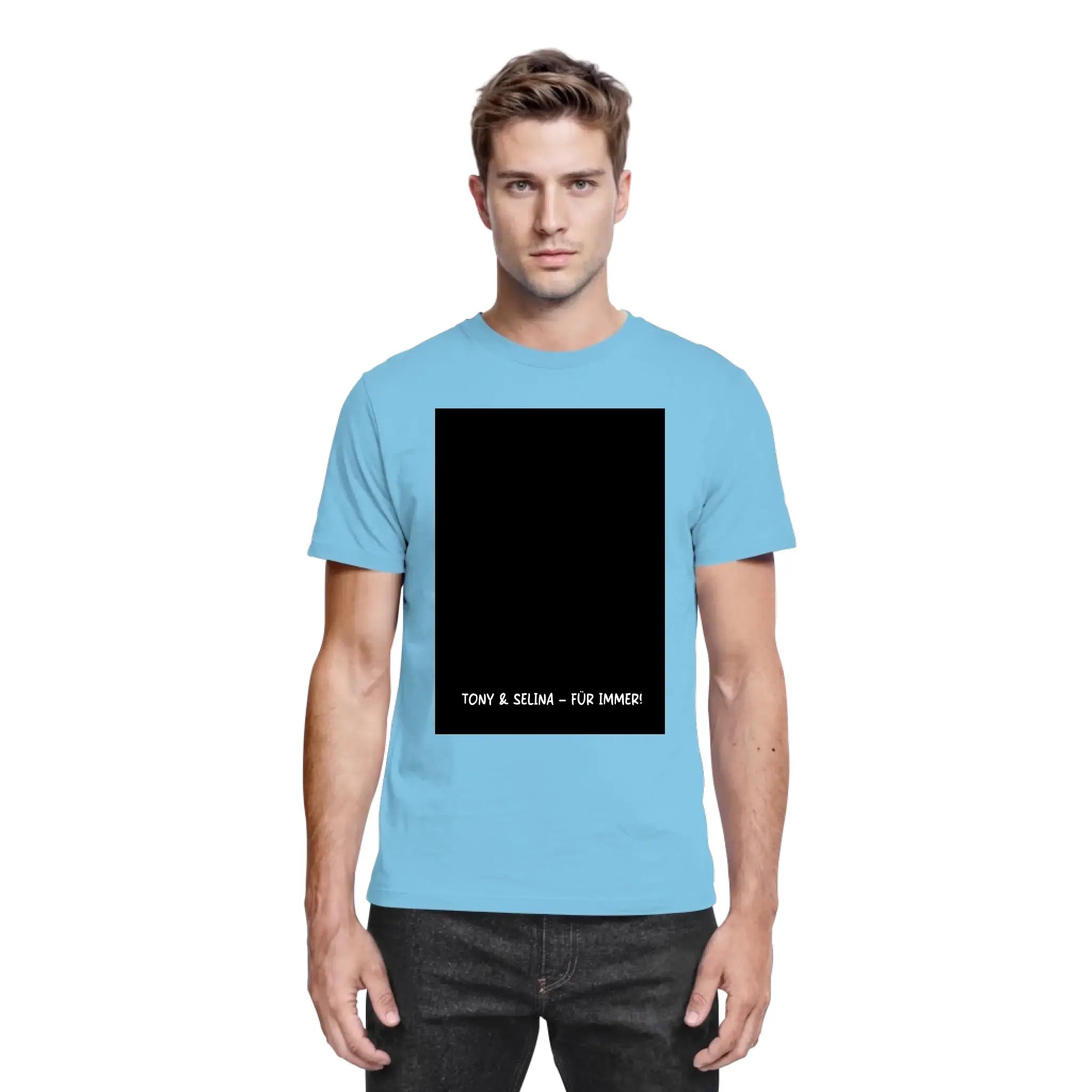 Lightblaue baumwoll t shirt mit schwarzem rechteck und weißem text tony & selma für immer aus der statement collection