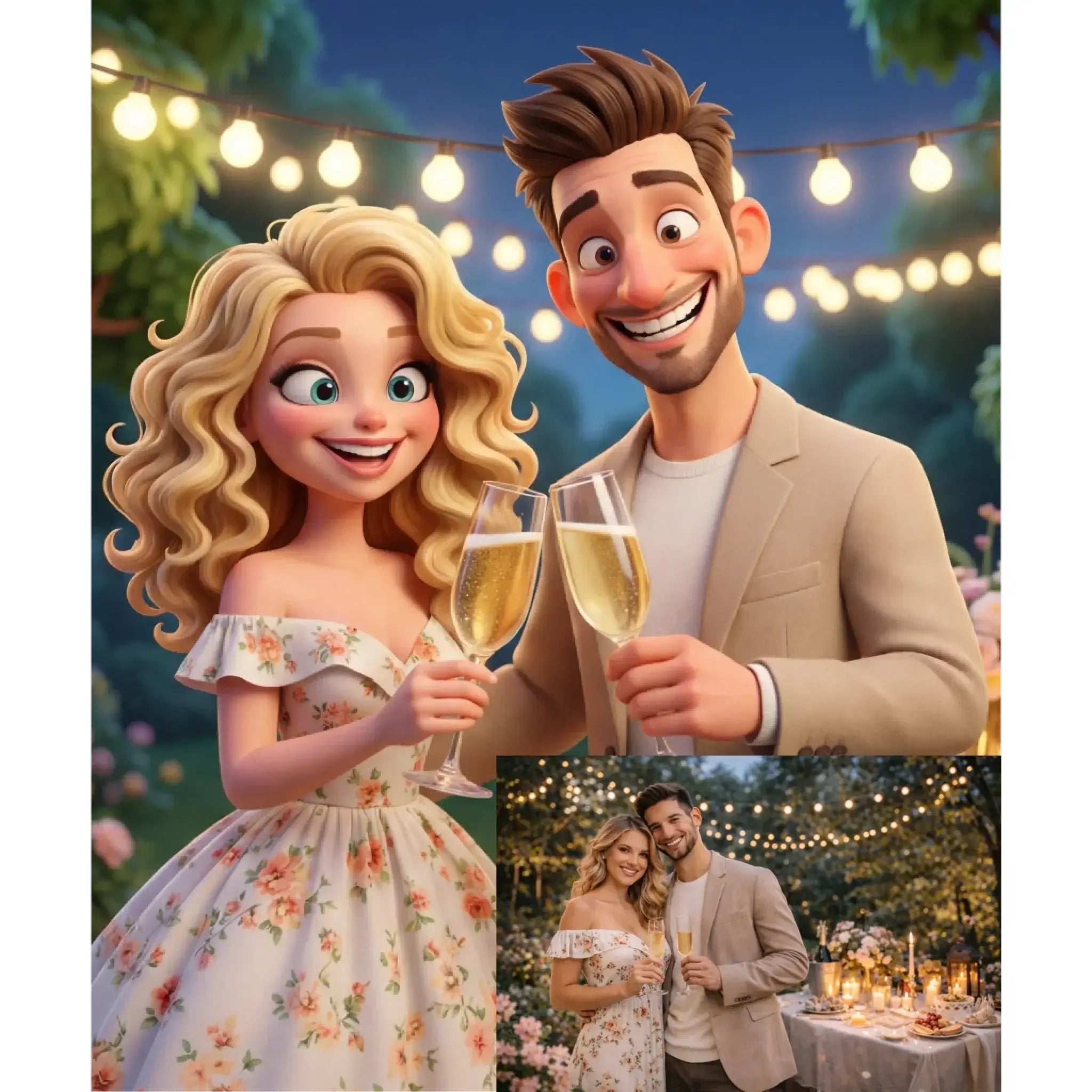 Ein cartoon-style schulterfreies kleid mit floralen mustern in pastellfarben aus der statement-collection