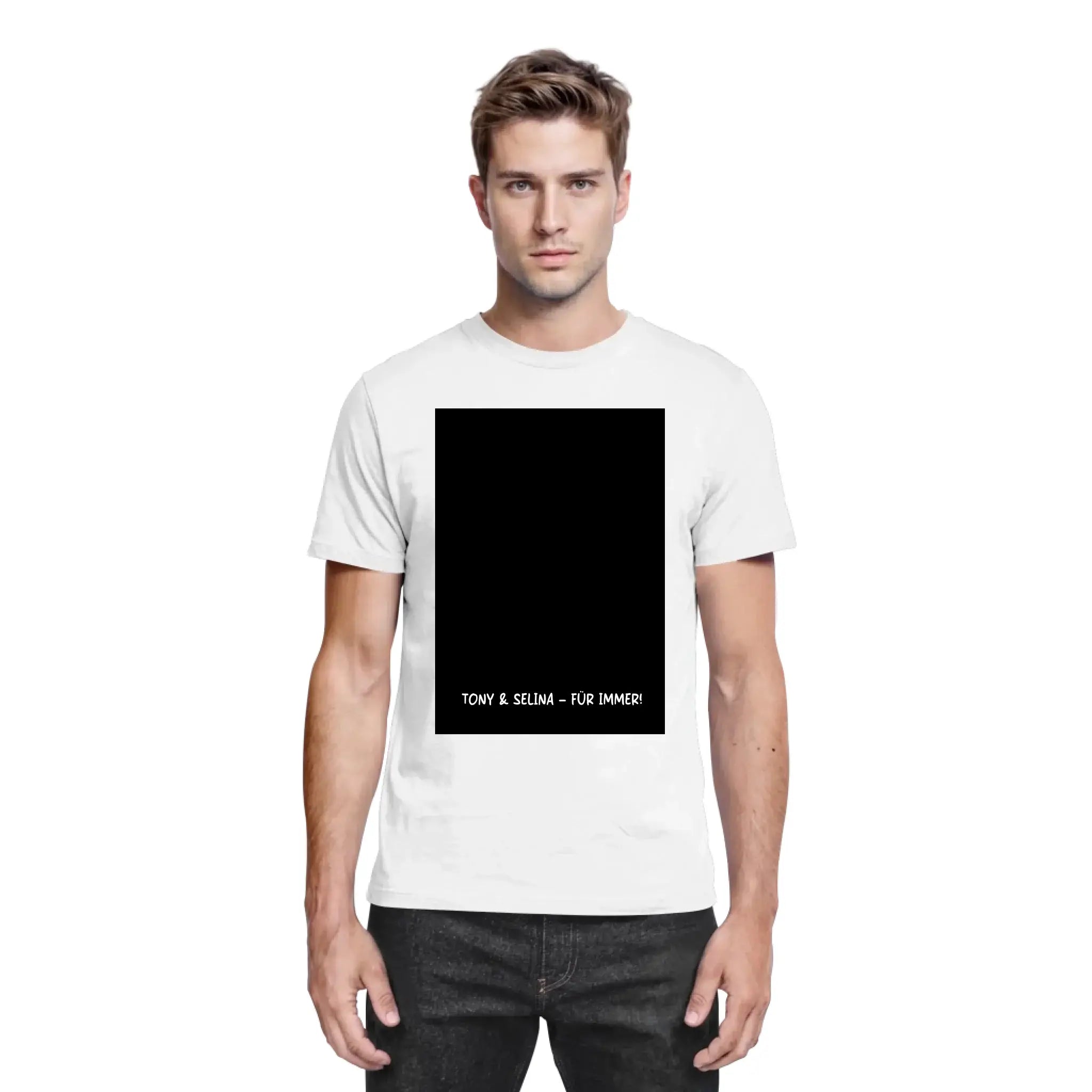 Weiße cotton t-shirt mit schwarzem rechteckigem ki-cartoon-effekt rahmen und weißem text tony & selma für immer