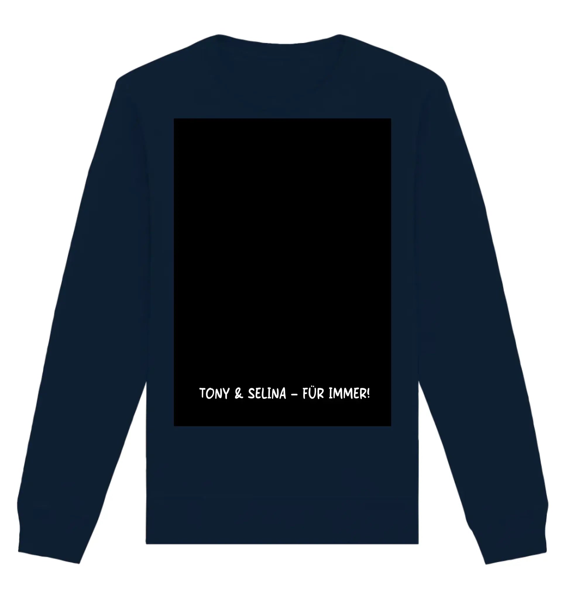 Navyblaues langarm sweatshirt mit schwarzem rechteckigen panel und weißem text ton y selina für immer hinten