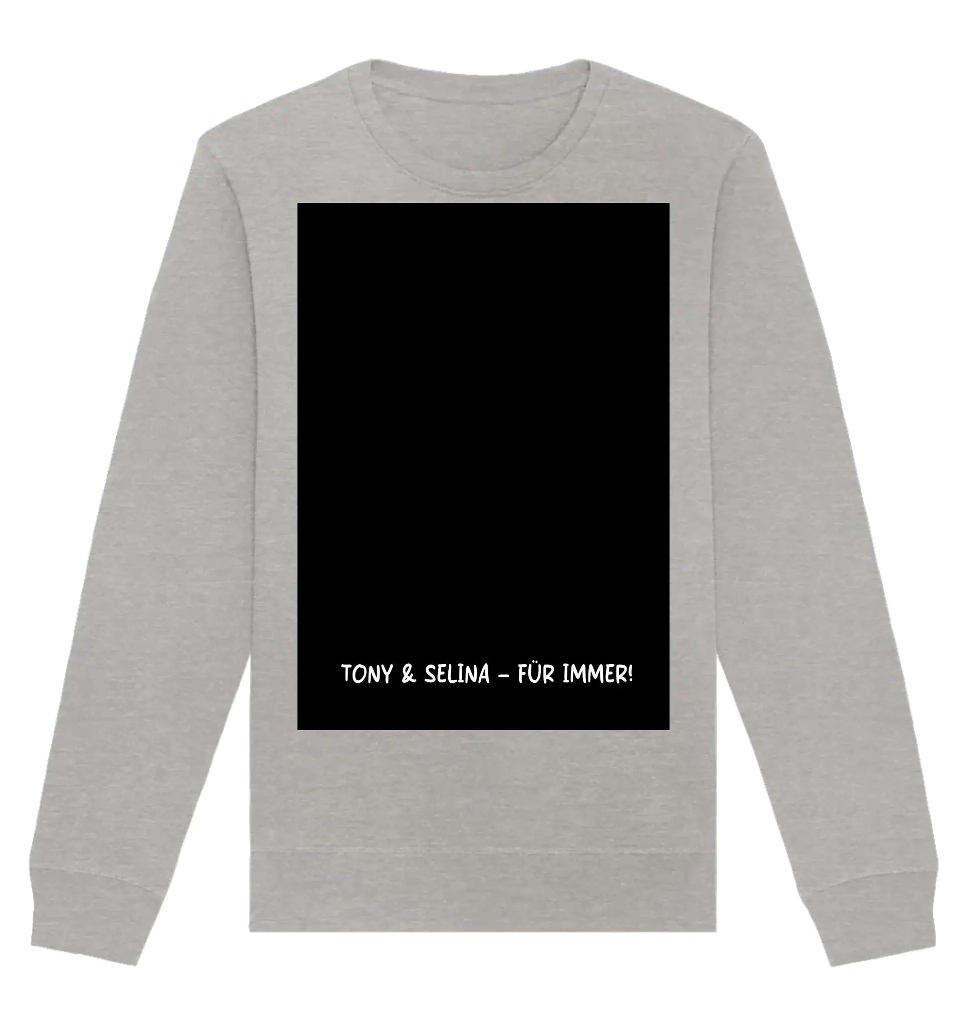 Ein hellgrauer langarm-sweatshirt mit schwarzem rechteckigem panel und weißem text tony & selina für immer