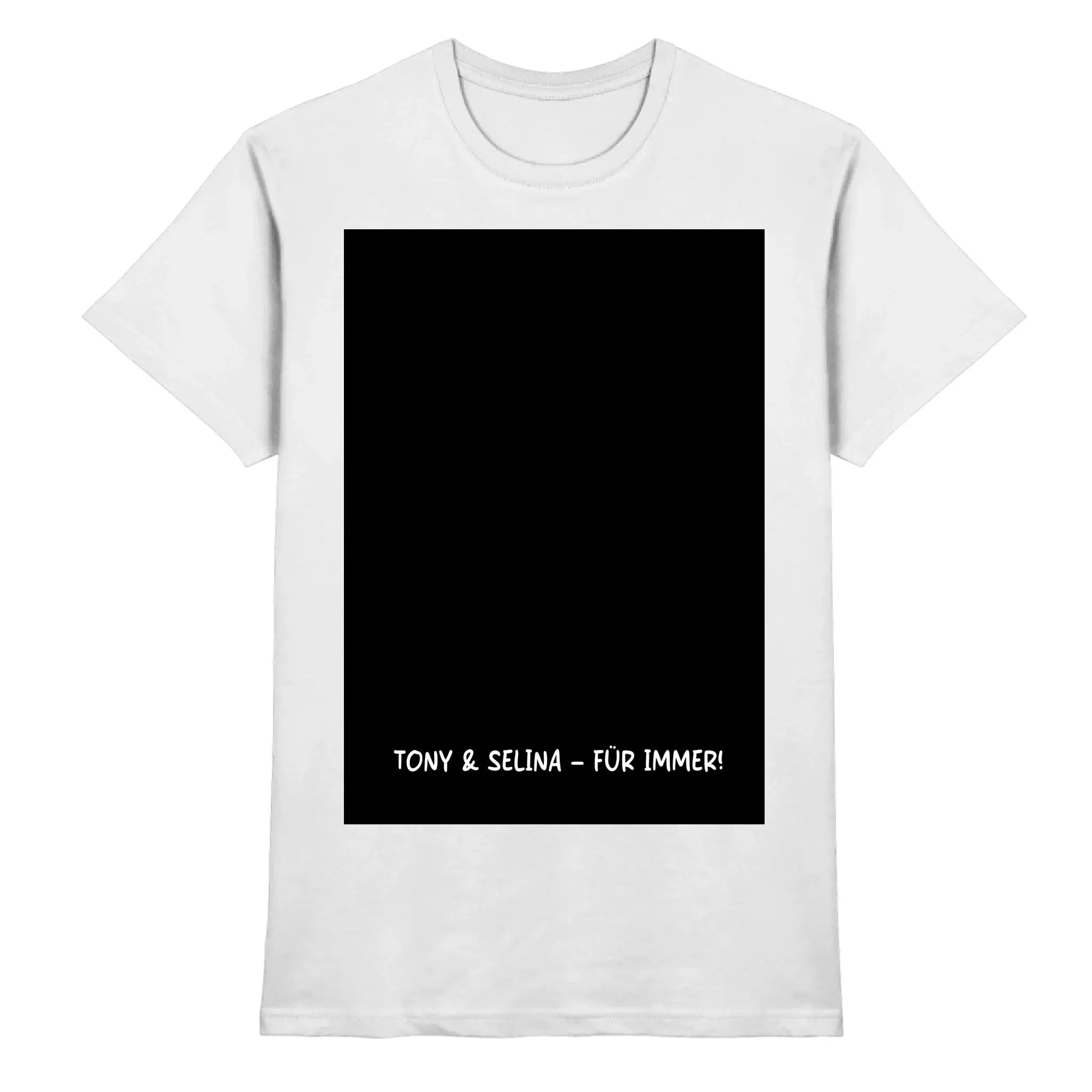 Weißer baumwoll-tshirt mit schwarzem rechteckigem grafikfeld und weißem text tony & selina für immer unten