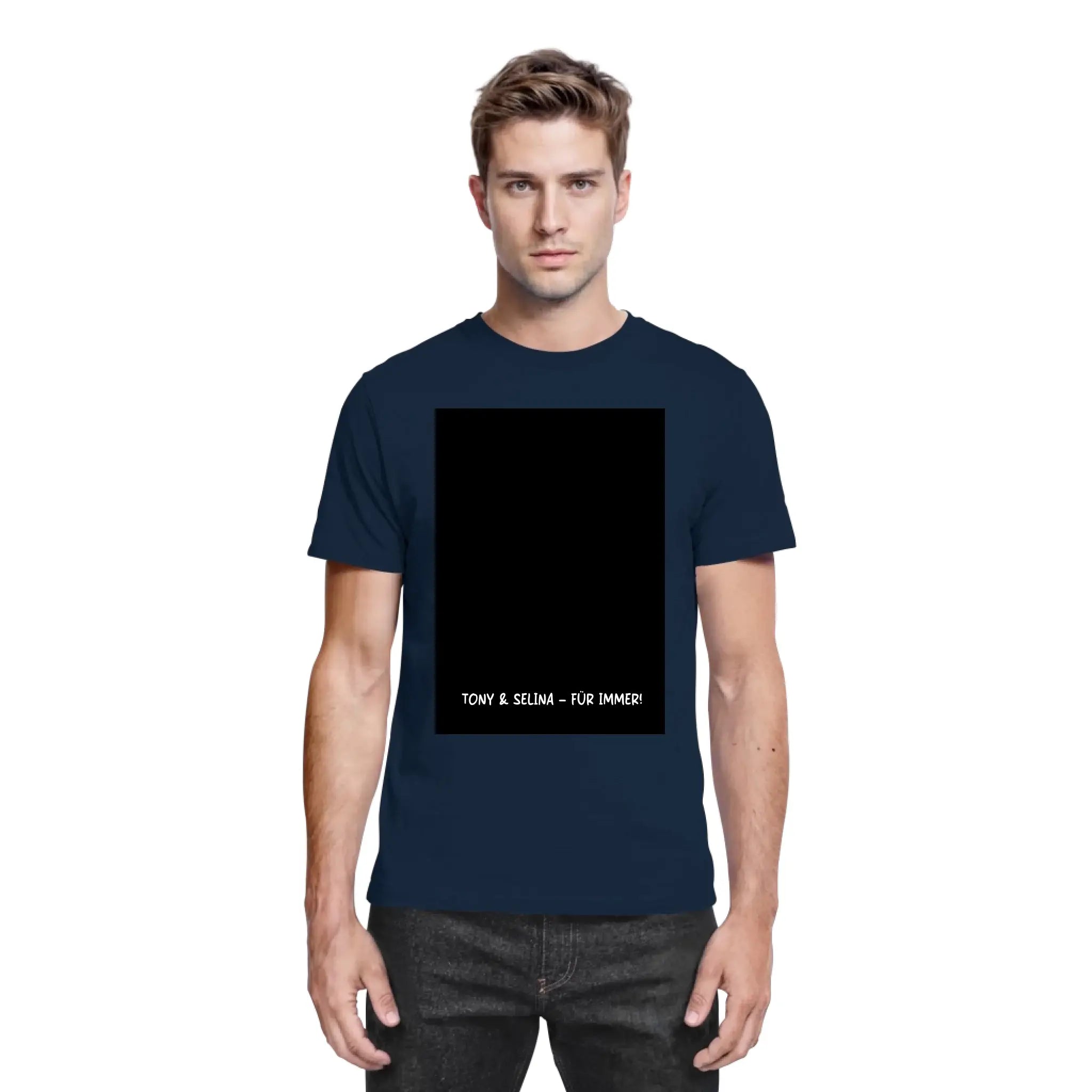 Navy blaue baumwoll t shirt mit schwarzem rechteckigem aufdruck und weißem text tony & selma für immer aus der statement collection