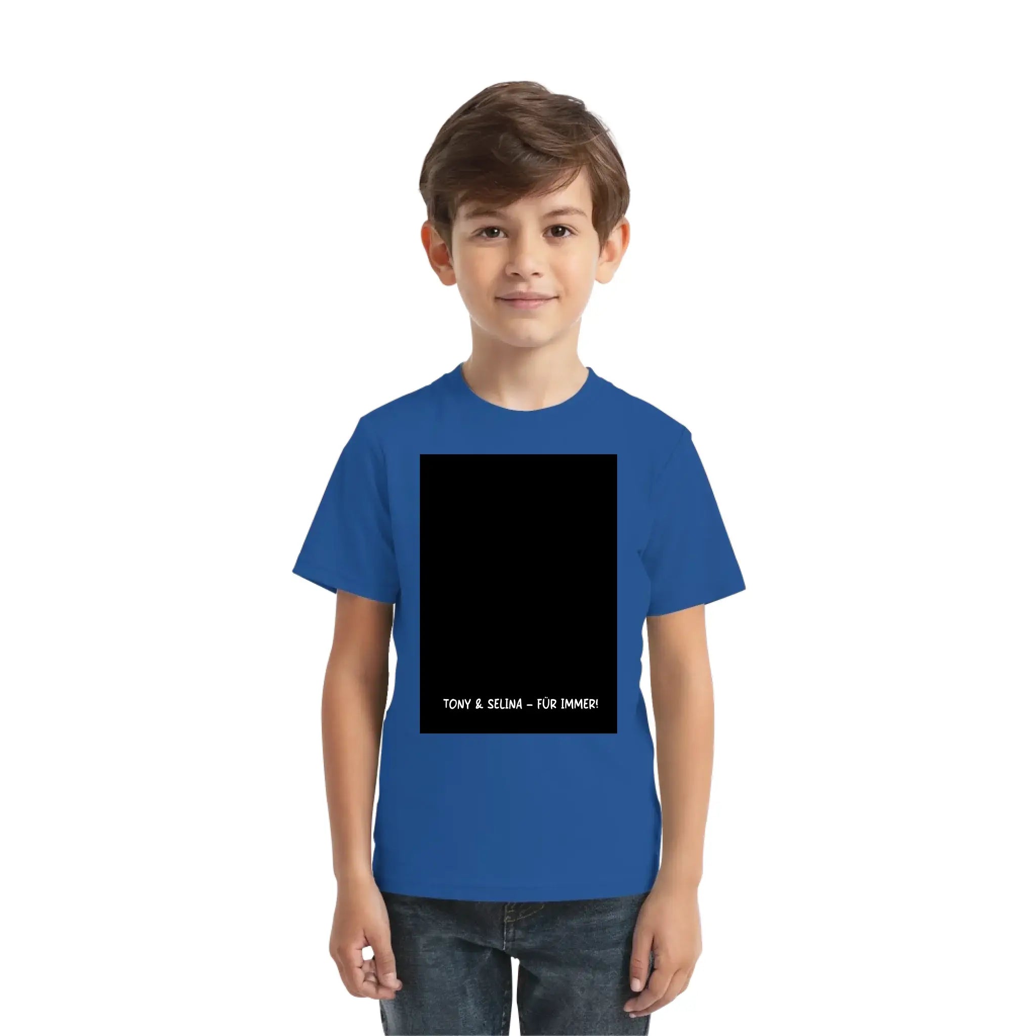 Blaues baumwoll t-shirt mit schwarzem rechteckigem print und text tony & selina für immer aus der statement-collection