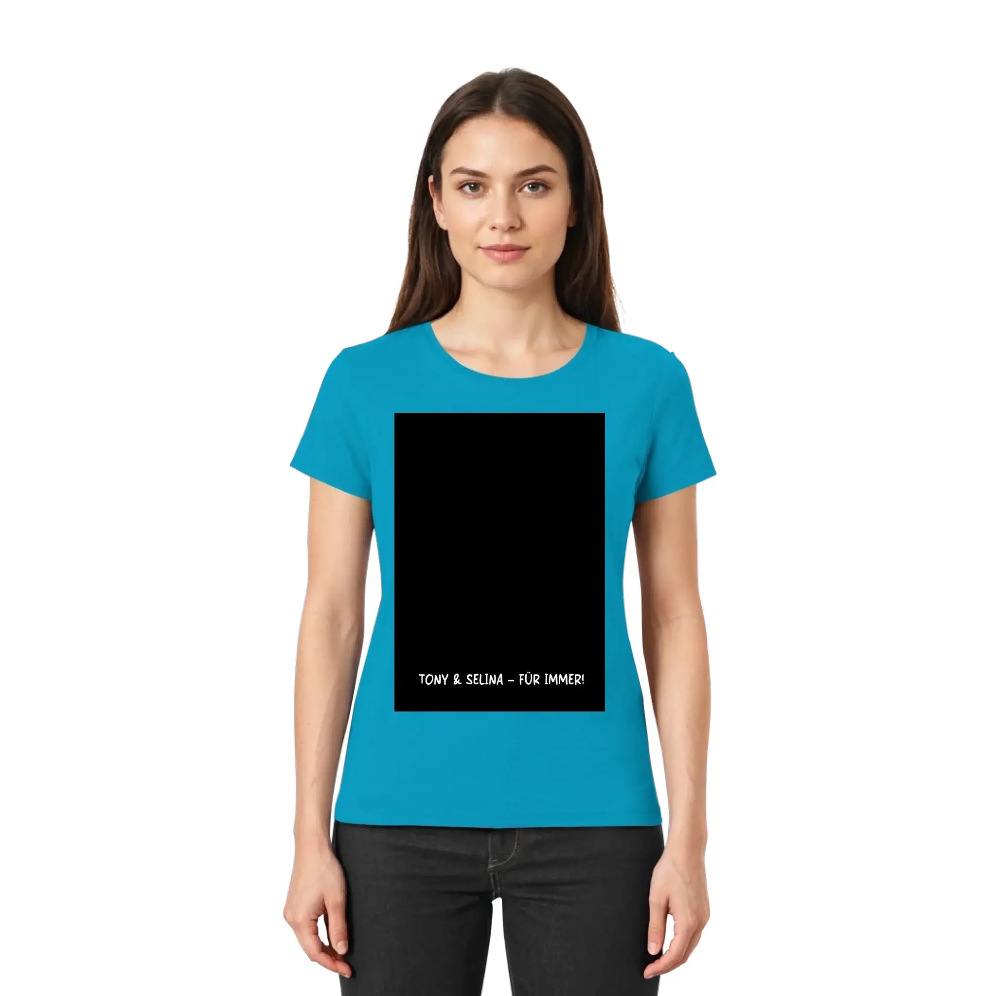Tealfarbenes damen kurzarmshirt mit schwarzem rechteck und weißem text aus der statement collection von ki-cartoon-effekt-big
