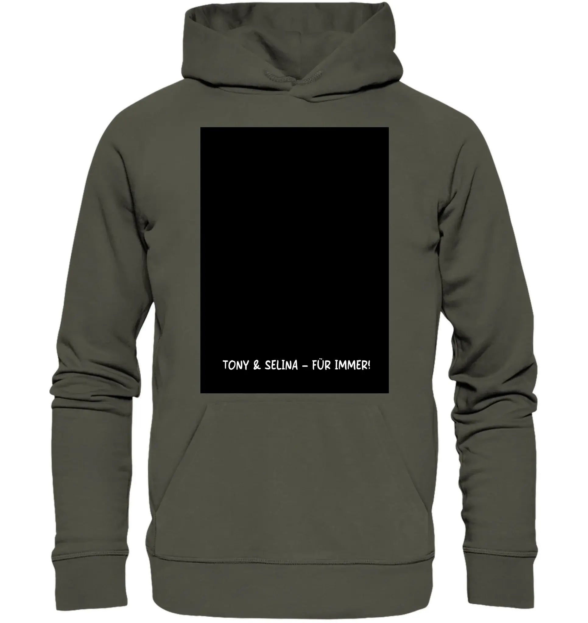 Olivgrüner kapuzenpullover mit schwarzem rechteckigem print und weißem text aus der statement-collection