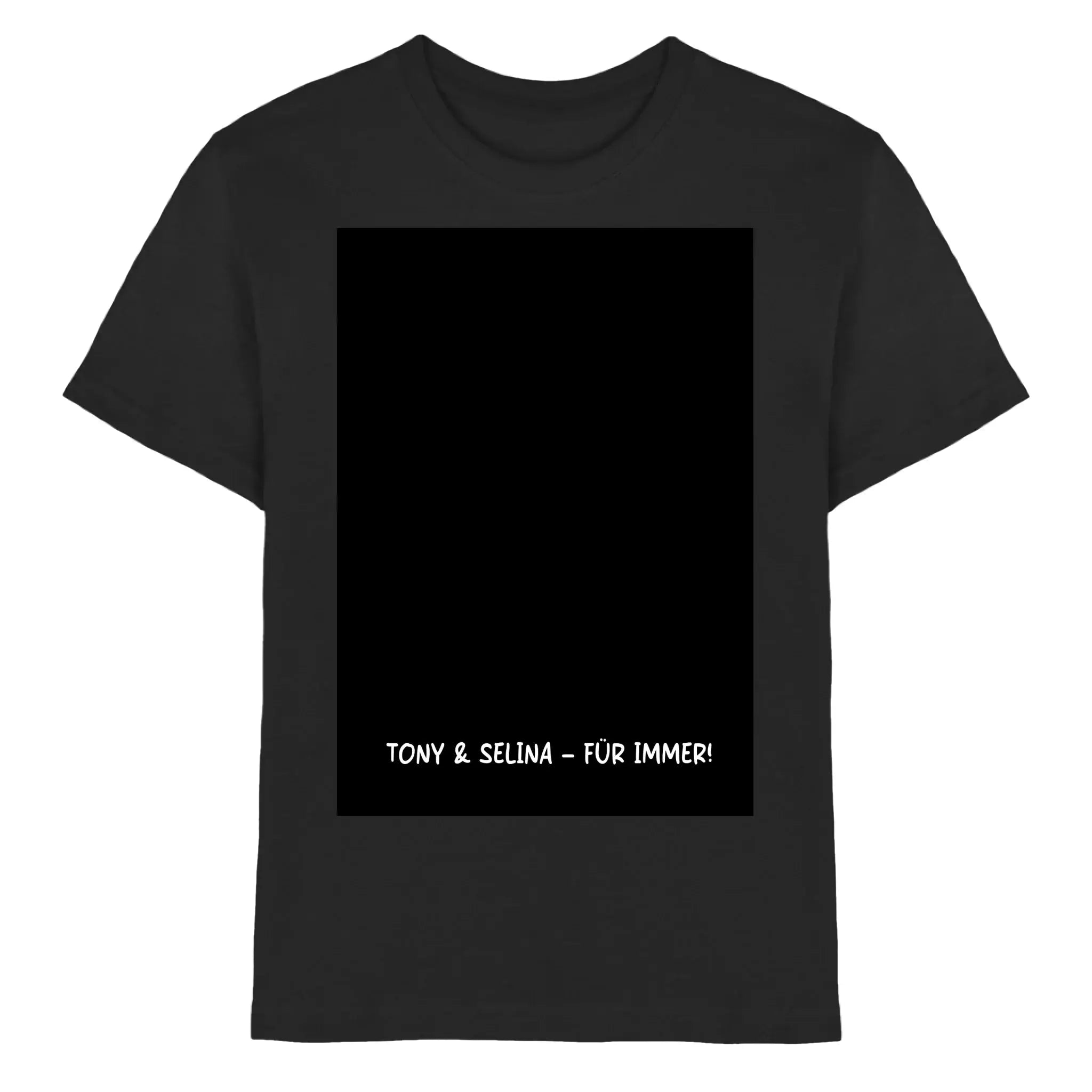 Schwarzes baumwoll-t-shirt mit großem viereckigem rahmen und weißem text tony & selina für immer unten