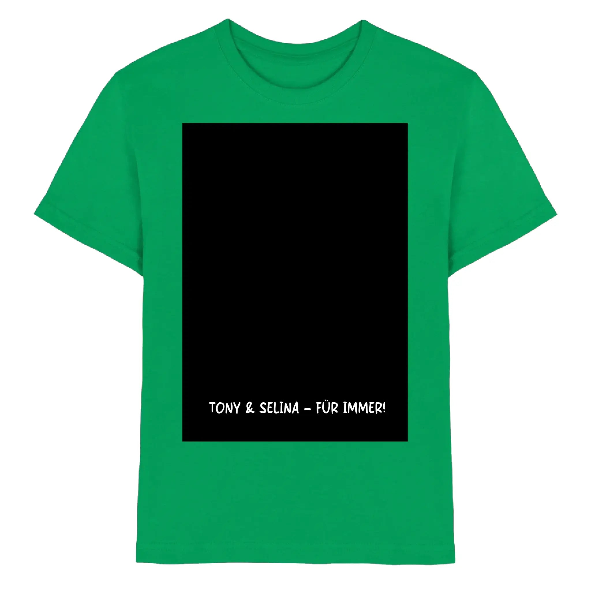 Vibrantes grünes baumwoll-t-shirt mit großem schwarzem rahmen und weißem ton y selina für immer text unten