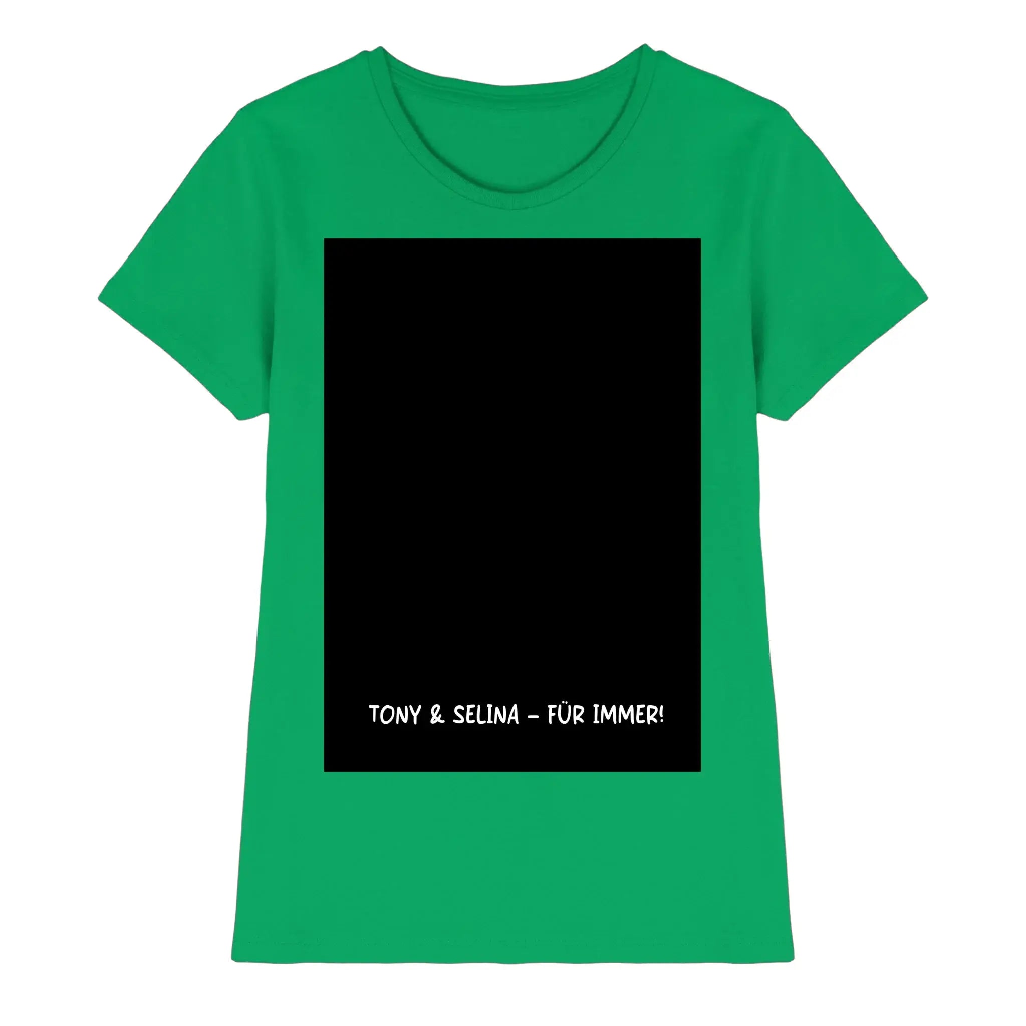 Grünes damen t-shirt mit schwarzem rechteckigem grafik und text tony & selina – für immer aus der statement-collection