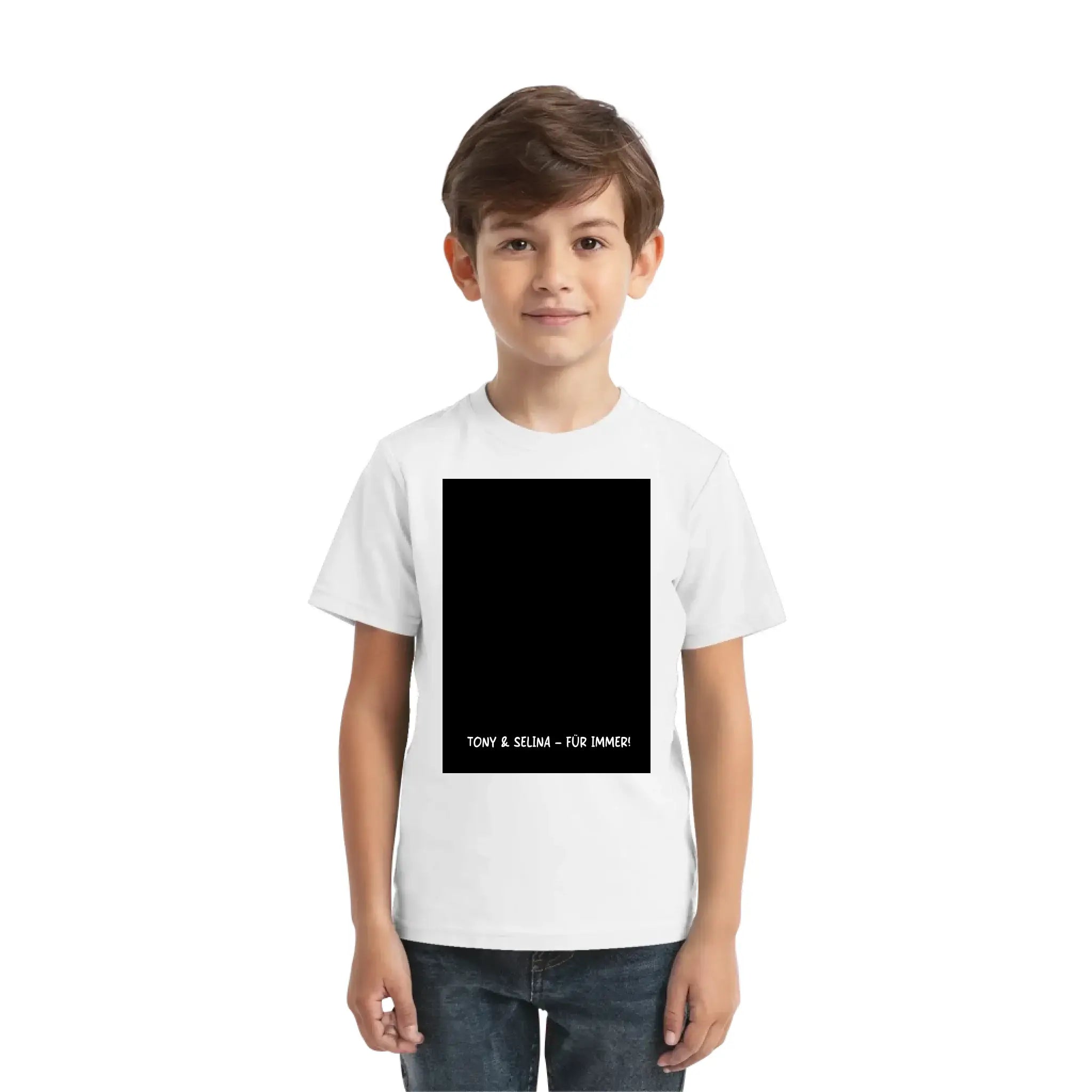Weißes baumwoll t-shirt mit schwarzem rechteck und weißem text tony & selina für immer im big rahmen design
