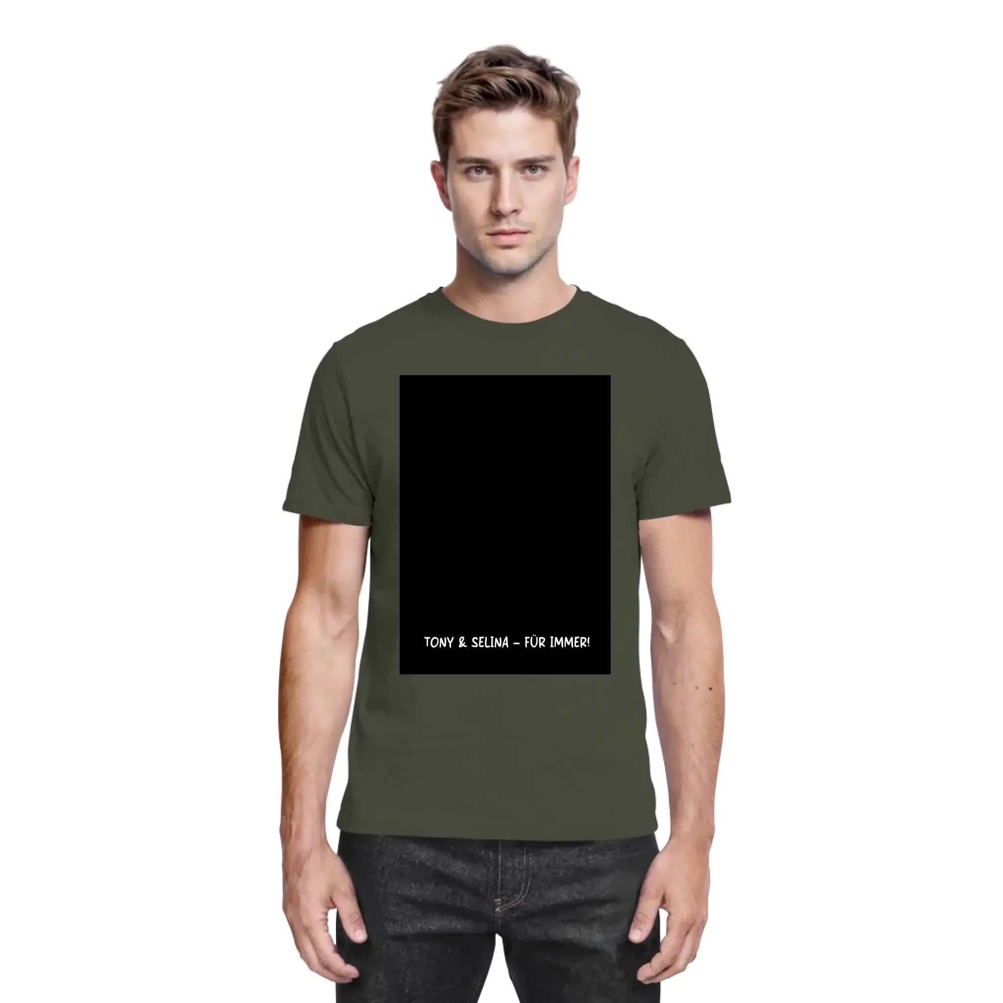 Olivegrünes baumwollshirt mit schwarzem rechteckigem kader und weißem text tony & selma für immer aus der statement collection