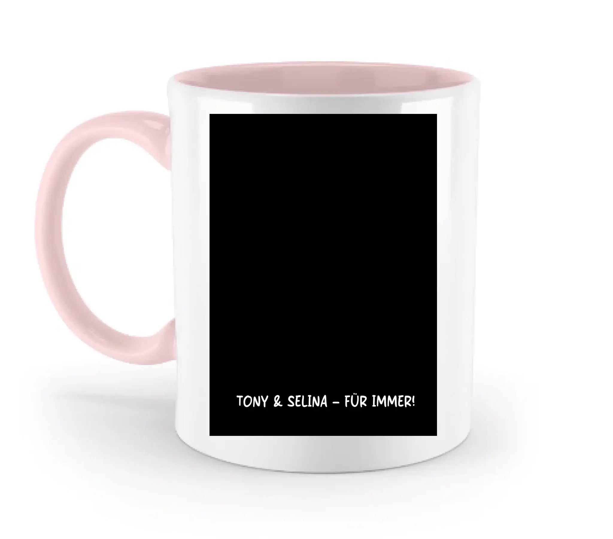 Weiße keramik Tasse mit rosa innen und griff, schwarzes schild mit tony und selina für immer aus der statement collection