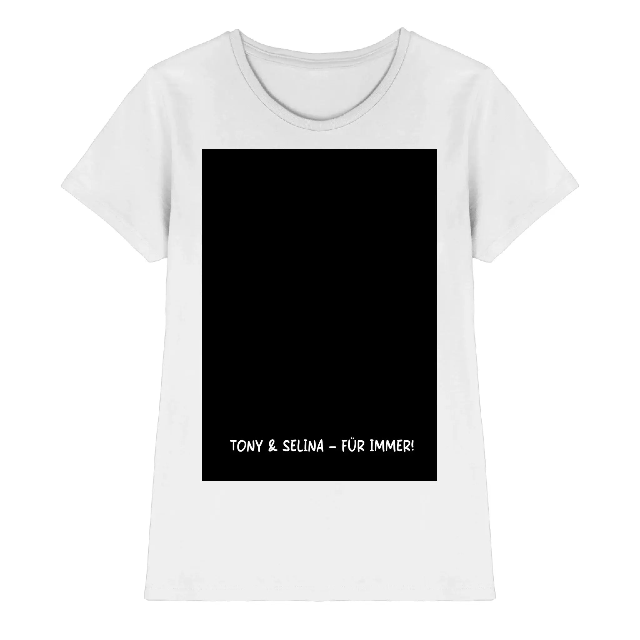 Weiße baumwoll-t-shirt mit schwarzem rechteckigem panel und text tony & selina für immer aus der statement-collection