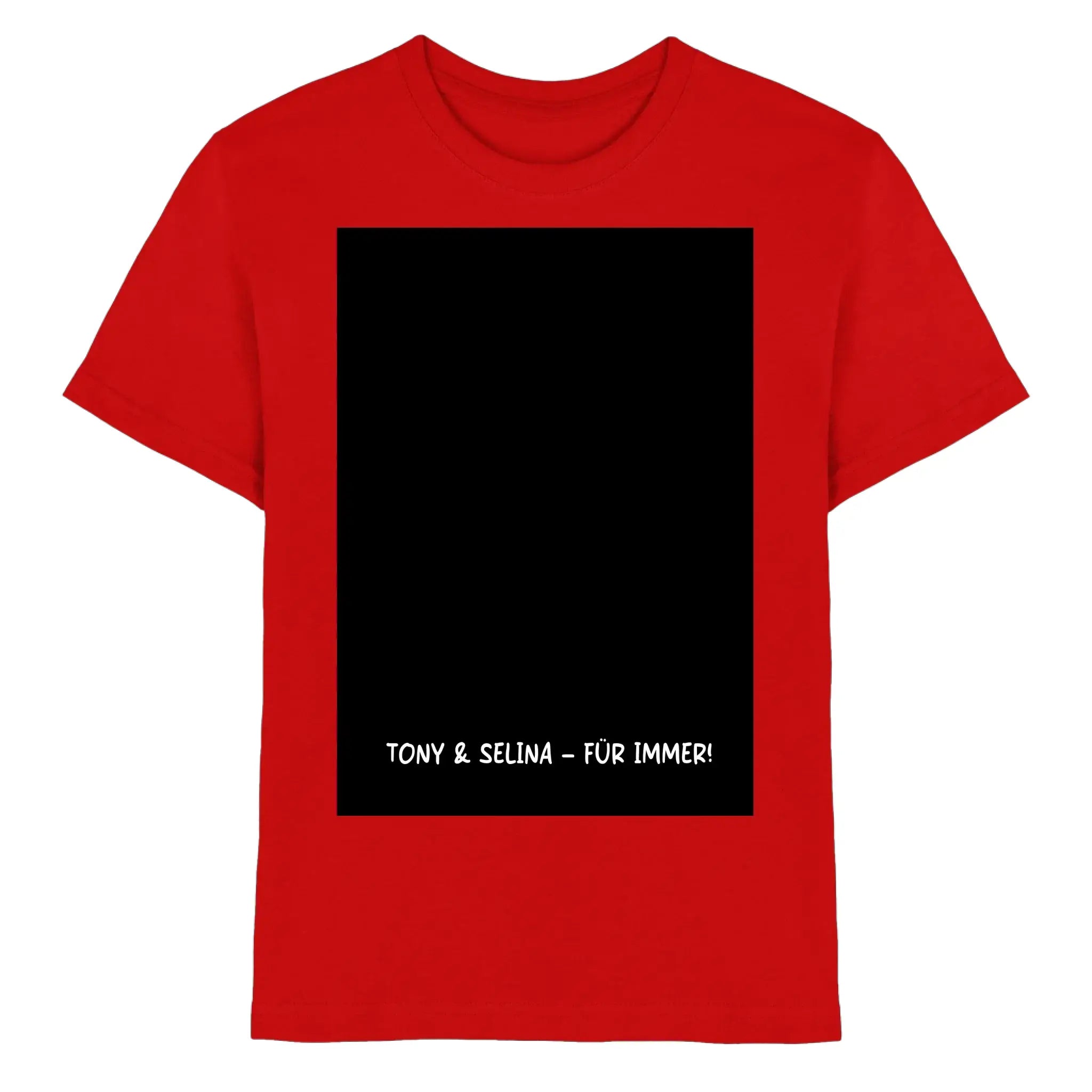 Rotes cotton t-shirt mit großem schwarzen rechteck und weißem tony und selina für immer text aus der statement-collection