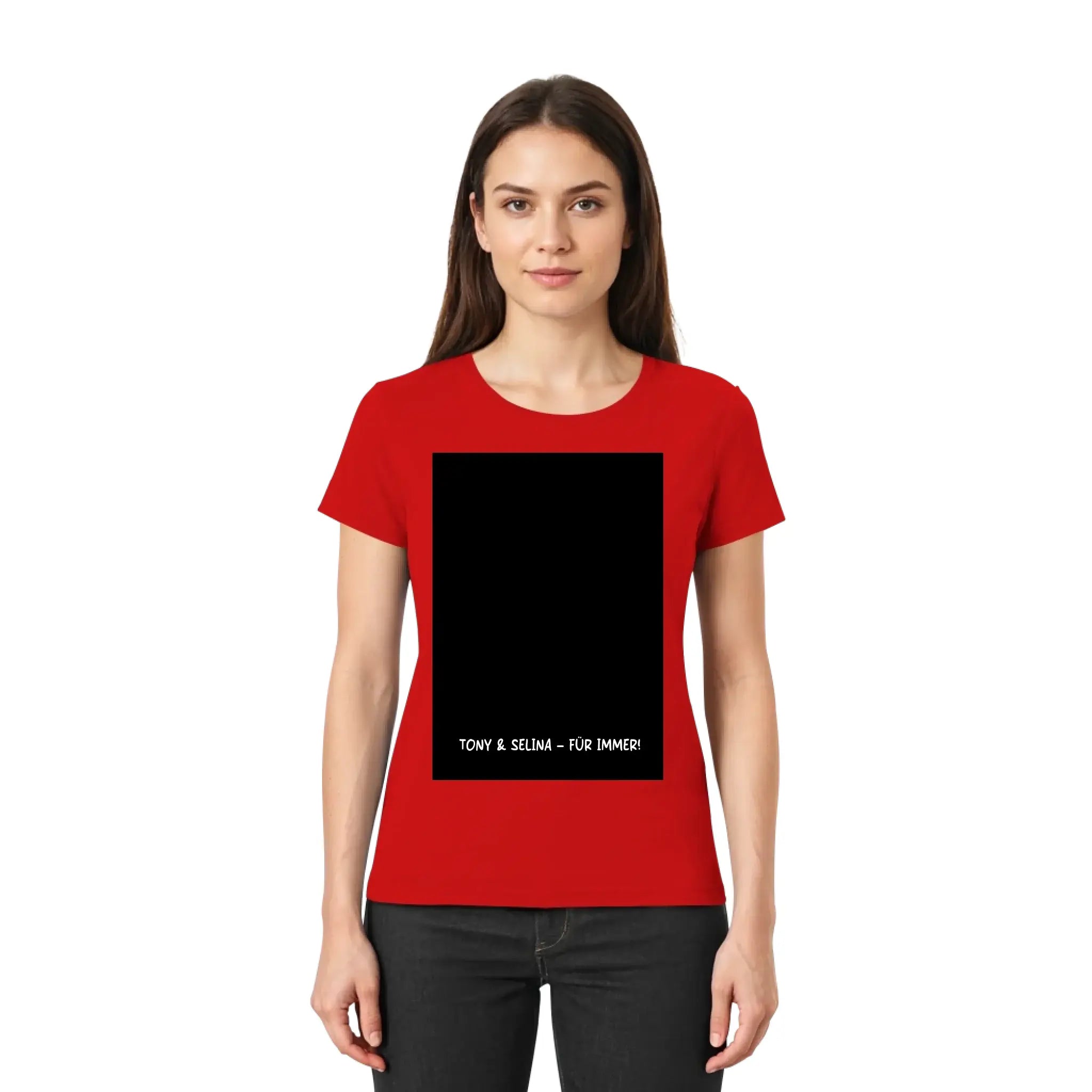 Rotes damen kurzarmshirt mit schwarzem rechteckigem ki cartoon effekt und weißem text tony & selina für immer