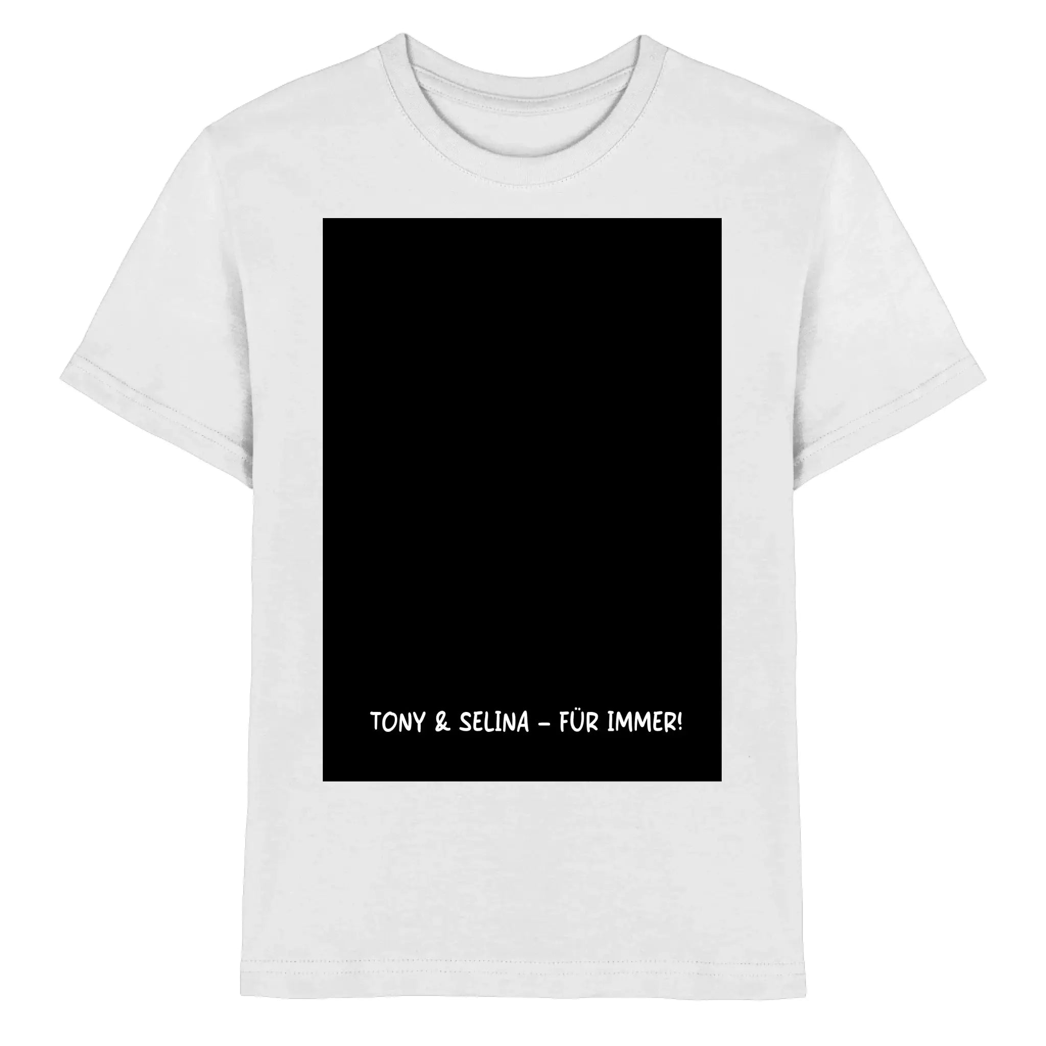 Weiße baumwoll t-shirt mit schwarzem rechteckigem grafik und text tony & selina für immer aus der statement collection