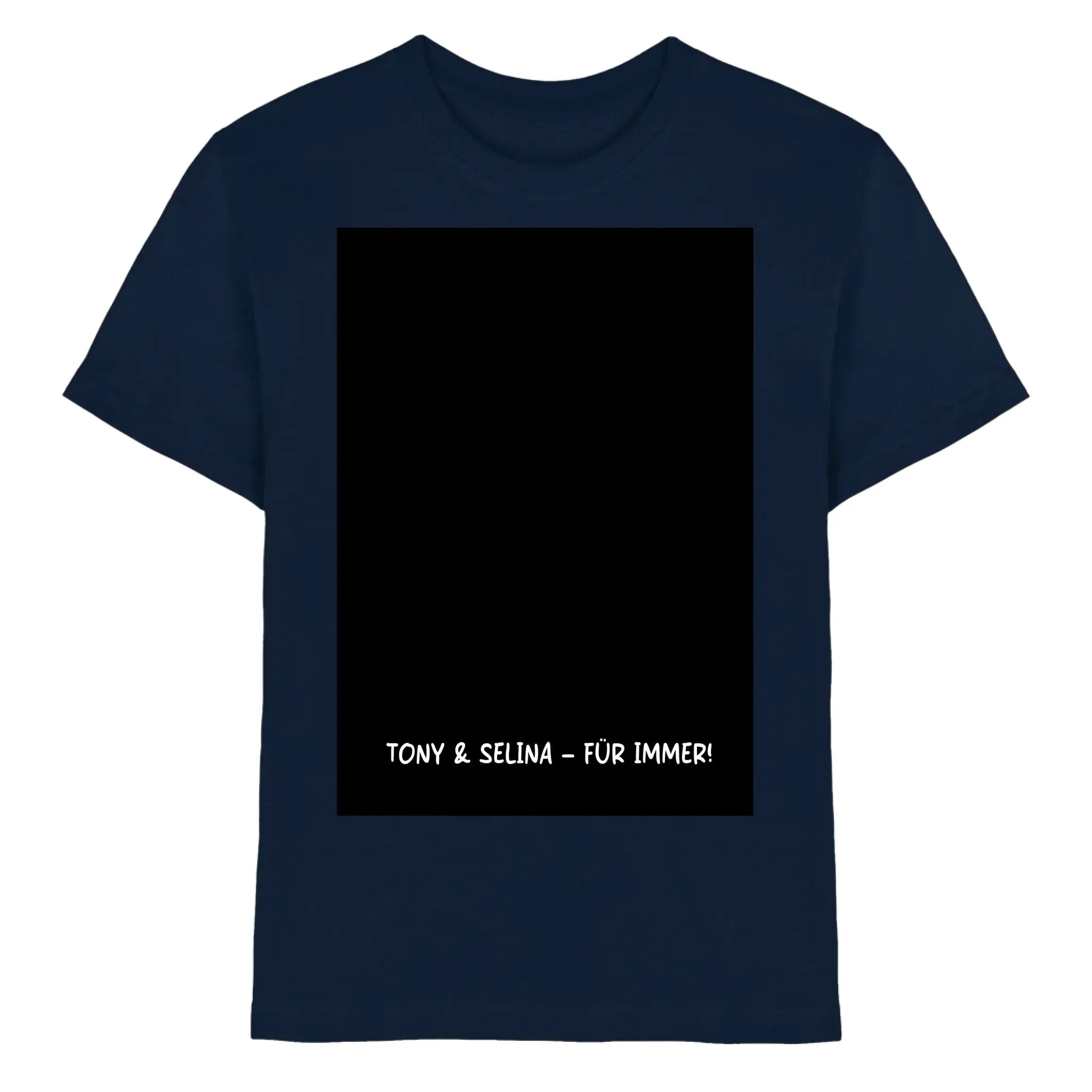 Navy blaue baumwoll t shirt mit schwarzem rechteckigem graphic und weißem text tony und selina für immer