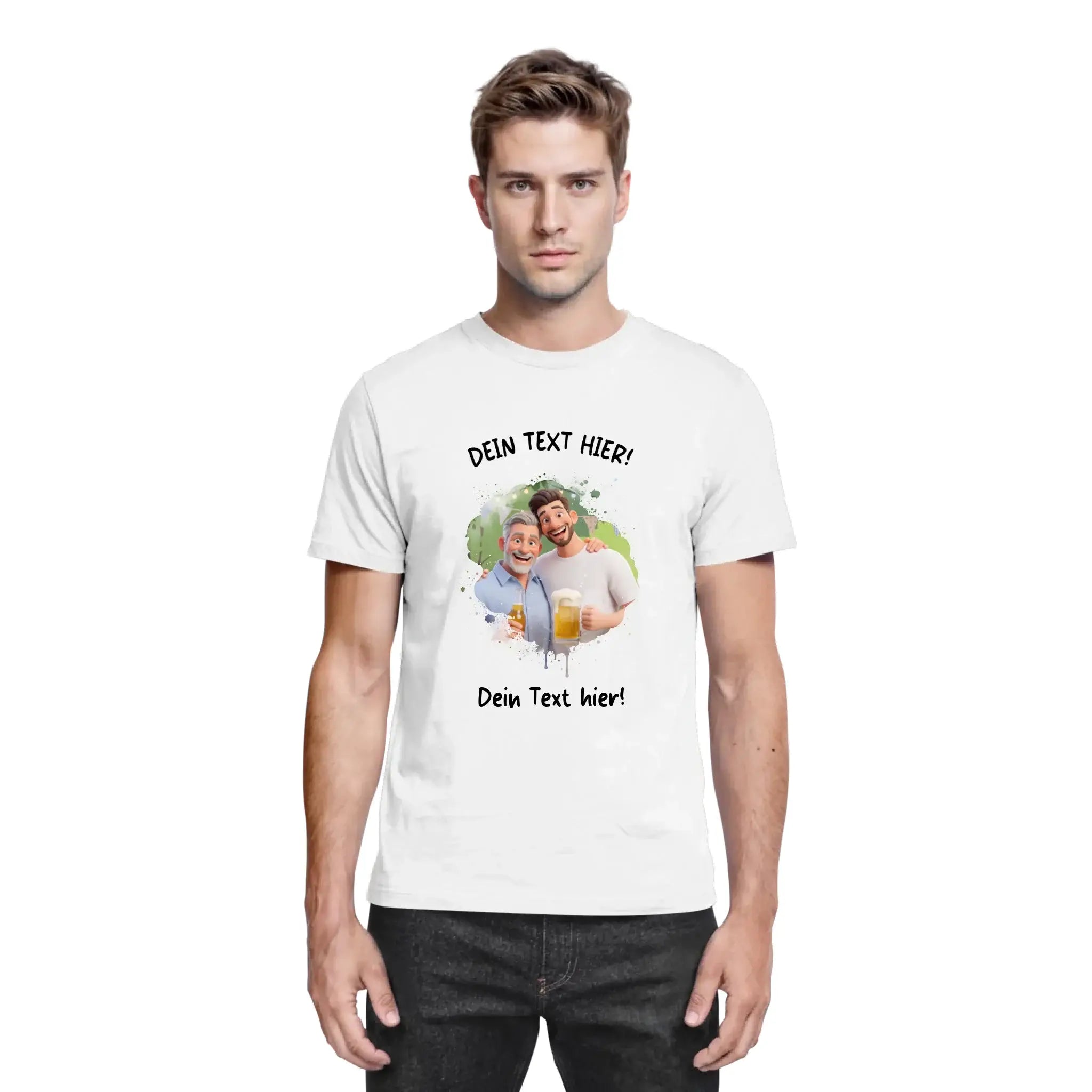 Weißes baumwoll t shirt mit buntem cartoon von zwei männern mit bierkrügen und wunschtext aus statement collection