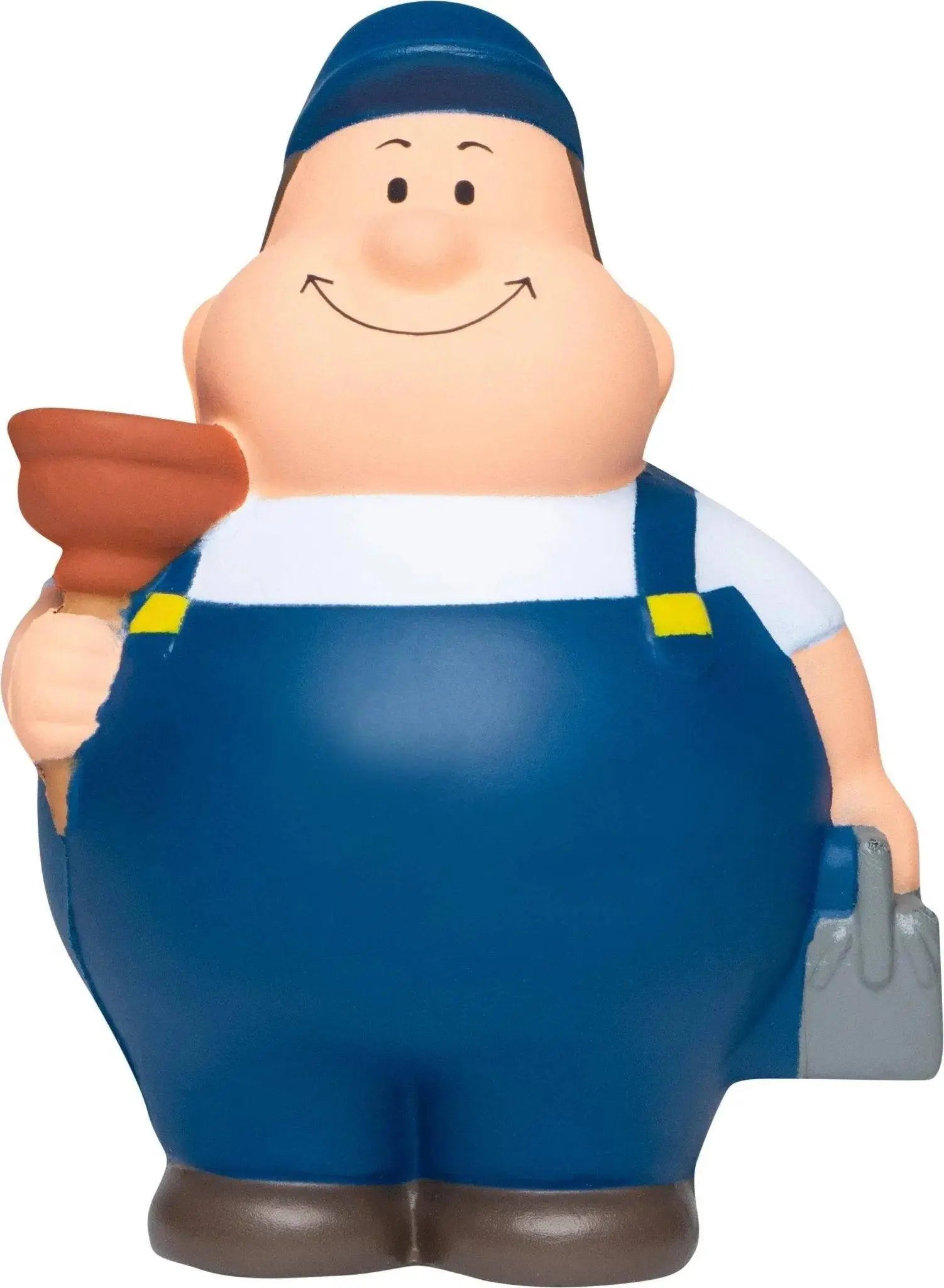 Klempner bert anti-stress-quetsch-figur blau aus plastik mit weißem shirt gelben riemen und braunem plunger