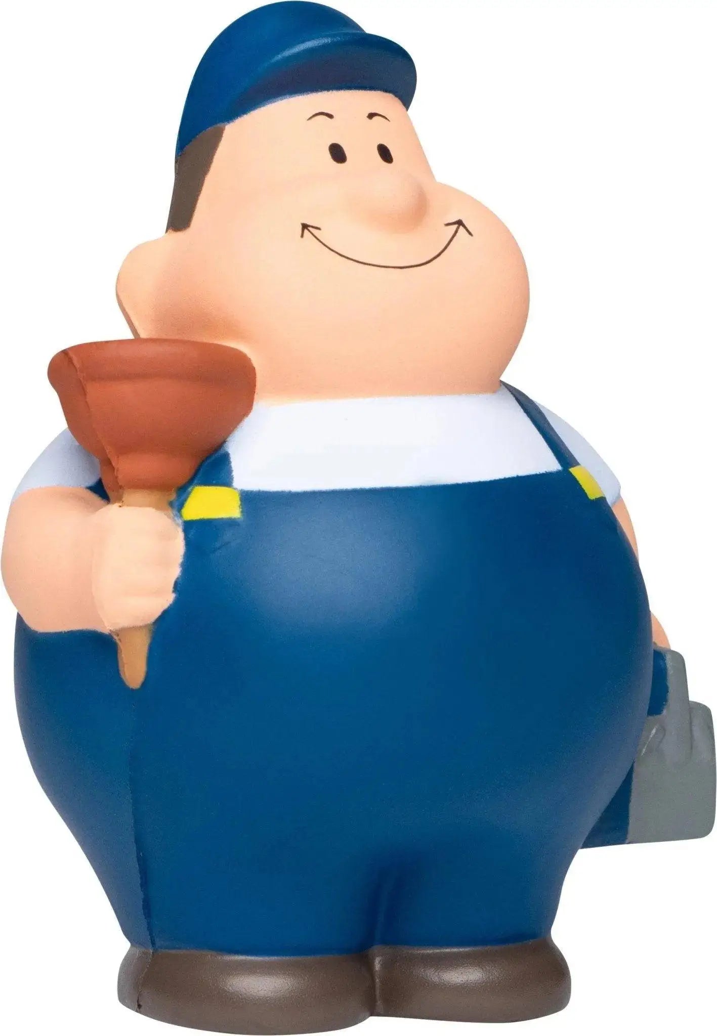 Blauer klempner bert anti-stress-quetsch-figur aus plastik mit blauem overall und braunem saugheber lachend