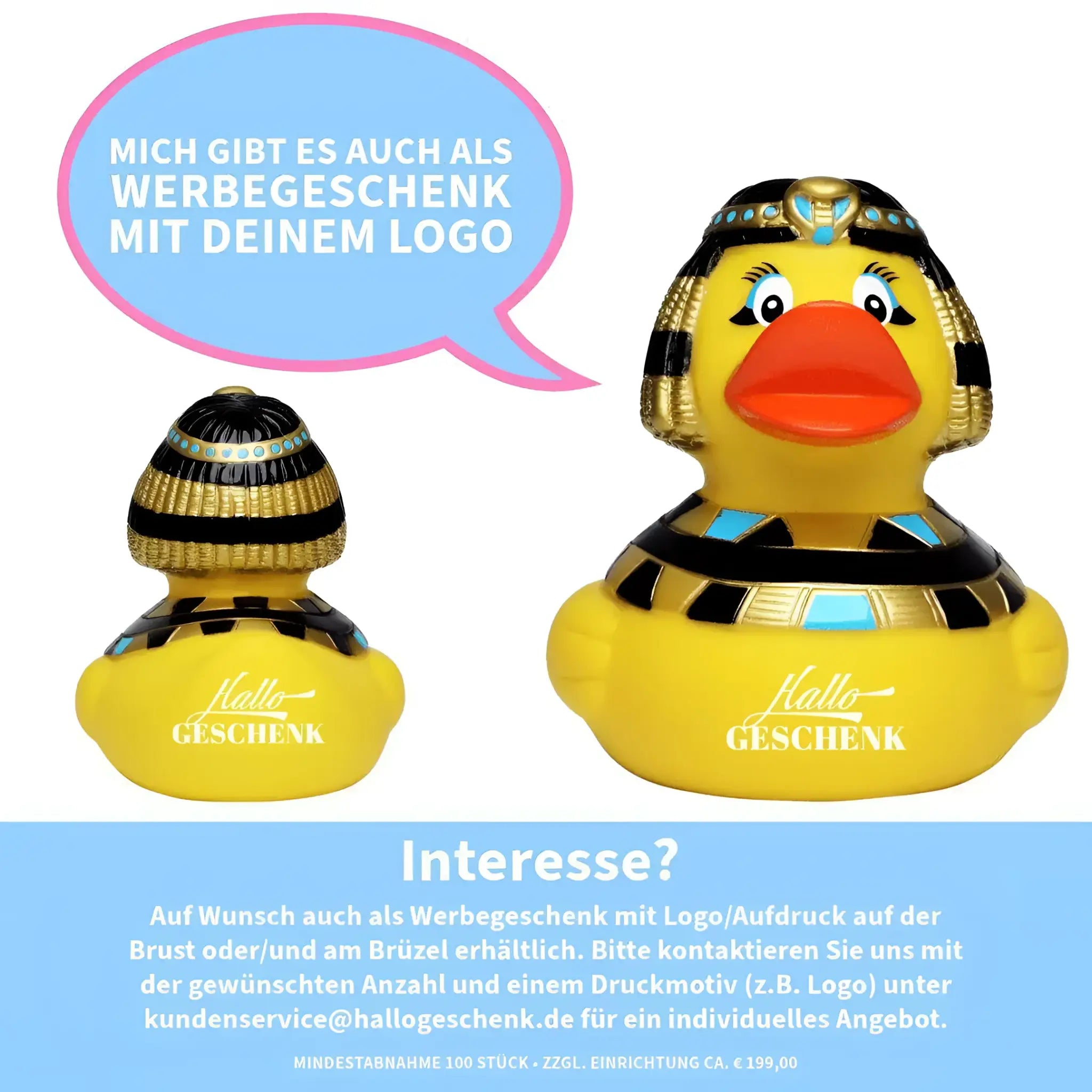 Gelbe kleopatra quietscheente mit gold schwarzem ägypten design und blau akzenten am headdress