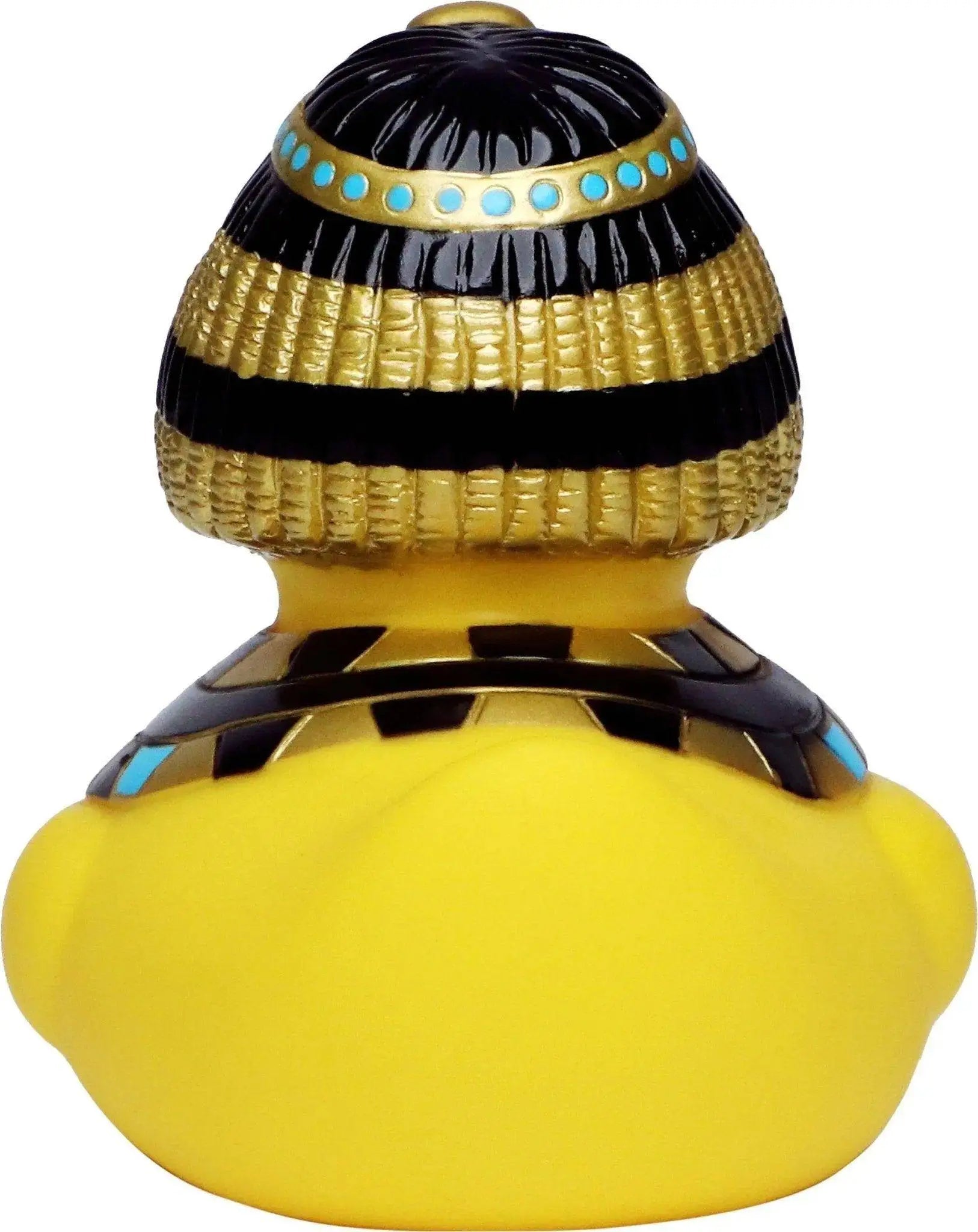Gelbe kleopatra ente mit schwarzem und goldenem ägyptischem kopfschmuck und türkisperlen als quietsche- und badeente