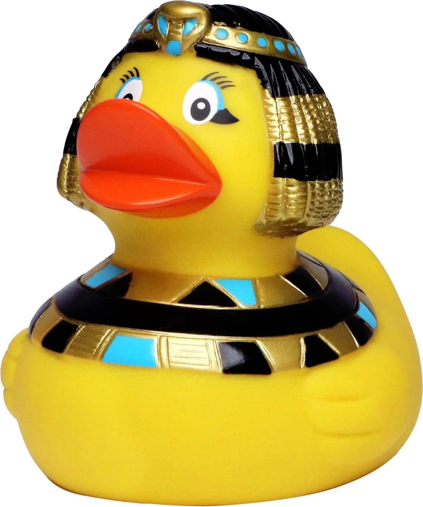 Gelbe kleopatra ente mit ägyptischem königin kopfschmuck in gold schwarz und türkis als quietsche-badeente