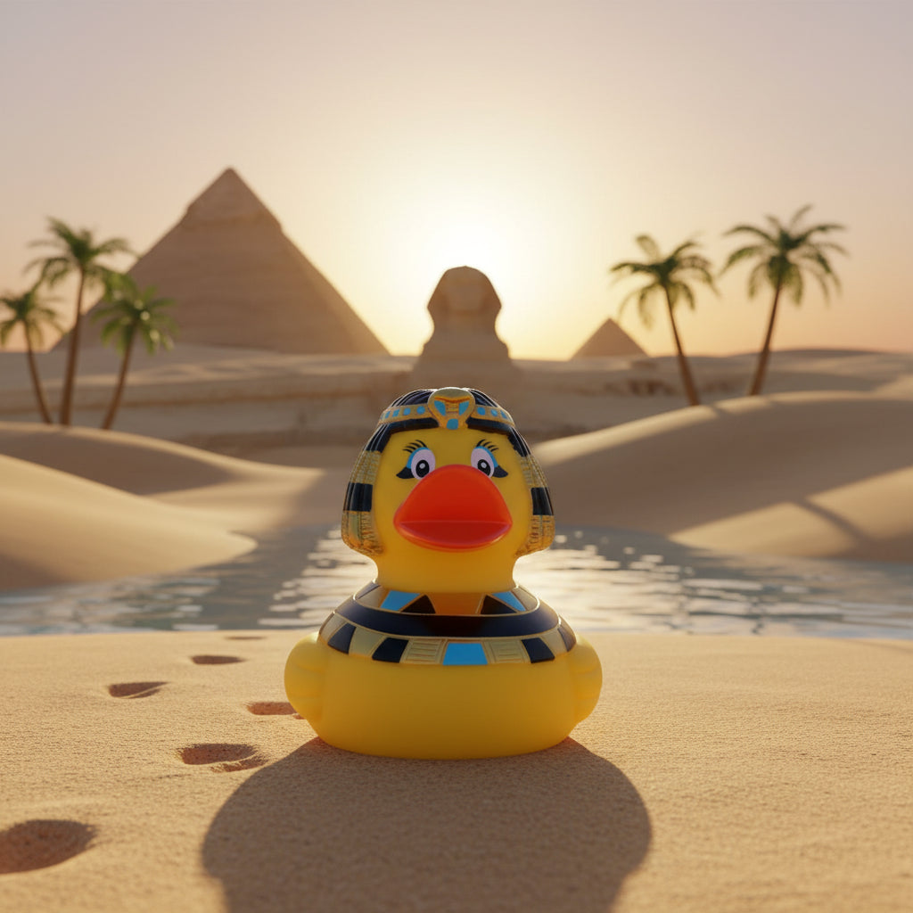 Kleopatra ente ägypten quietsche-ente mit gelber gummiente und goldschwarzem ägyptischem königinnenkopfschmuck