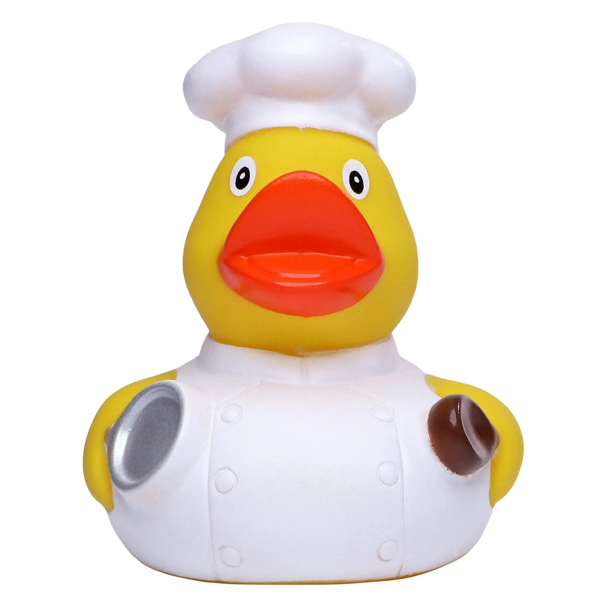 Gelbe badeente mit weißer kochmütze und schürze mit silbernen und braunen akzenten für die badewanne
