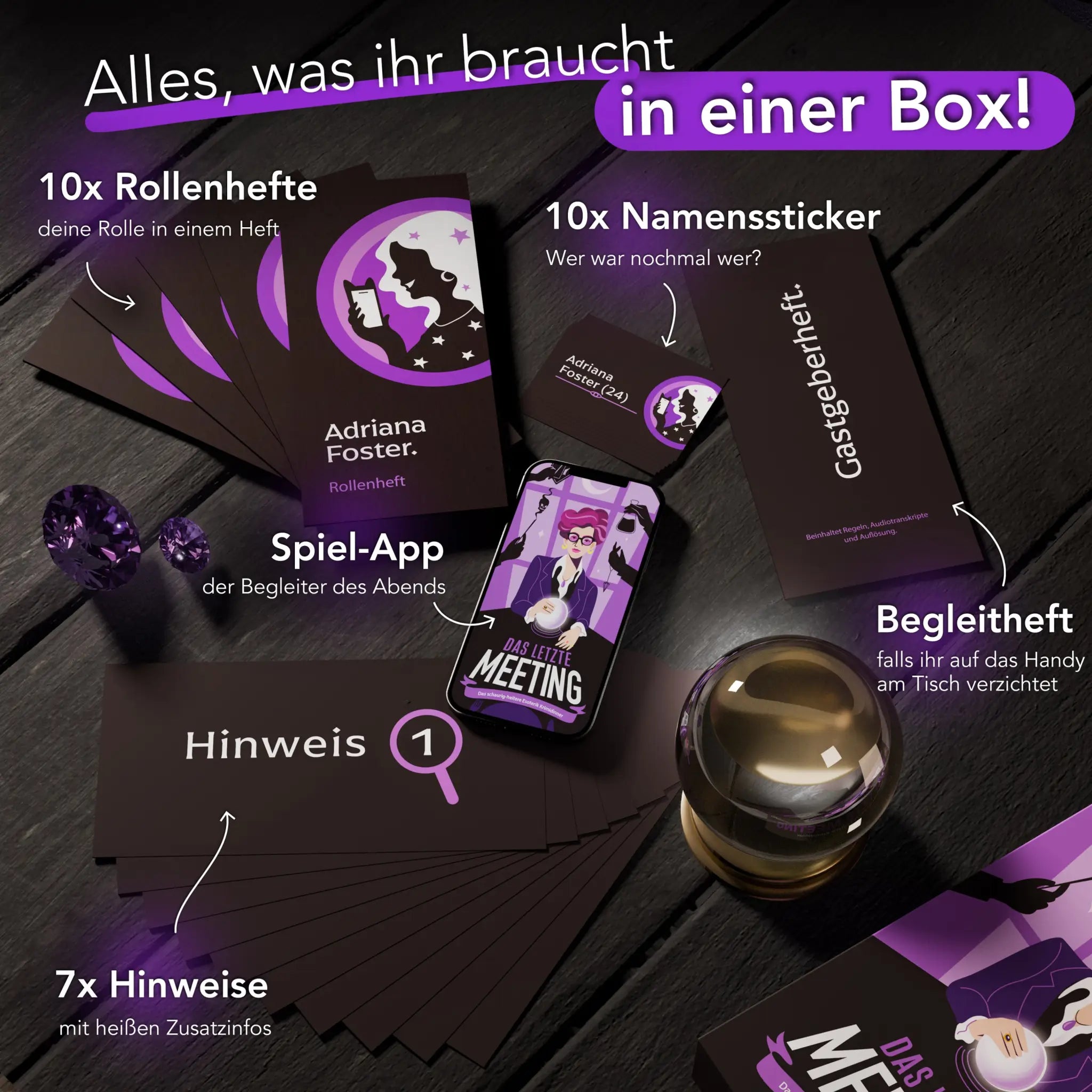 Partyspiel krimidinner das letzte meeting mit violett schwarzen rollenblättern namensstickern smartphone app und zubehör für 8-10 personen