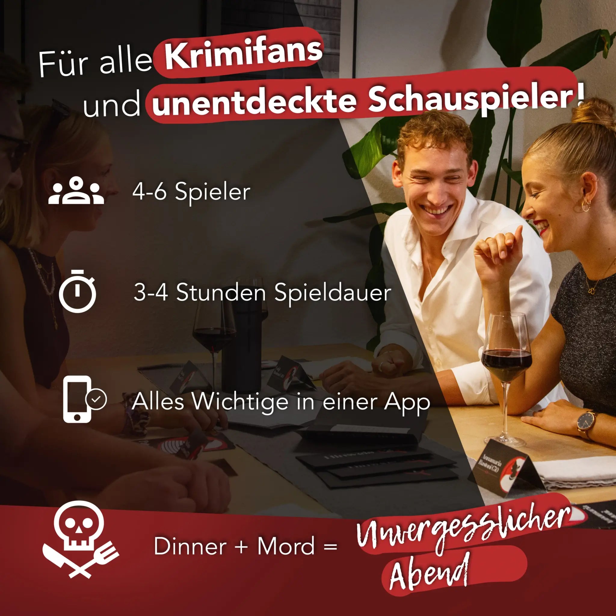 Ein schwarzes tablet zeigt die spieloberfläche von krimidinner der letzte pate für 4-6 personen auf dem tisch mit weingläsern und karten