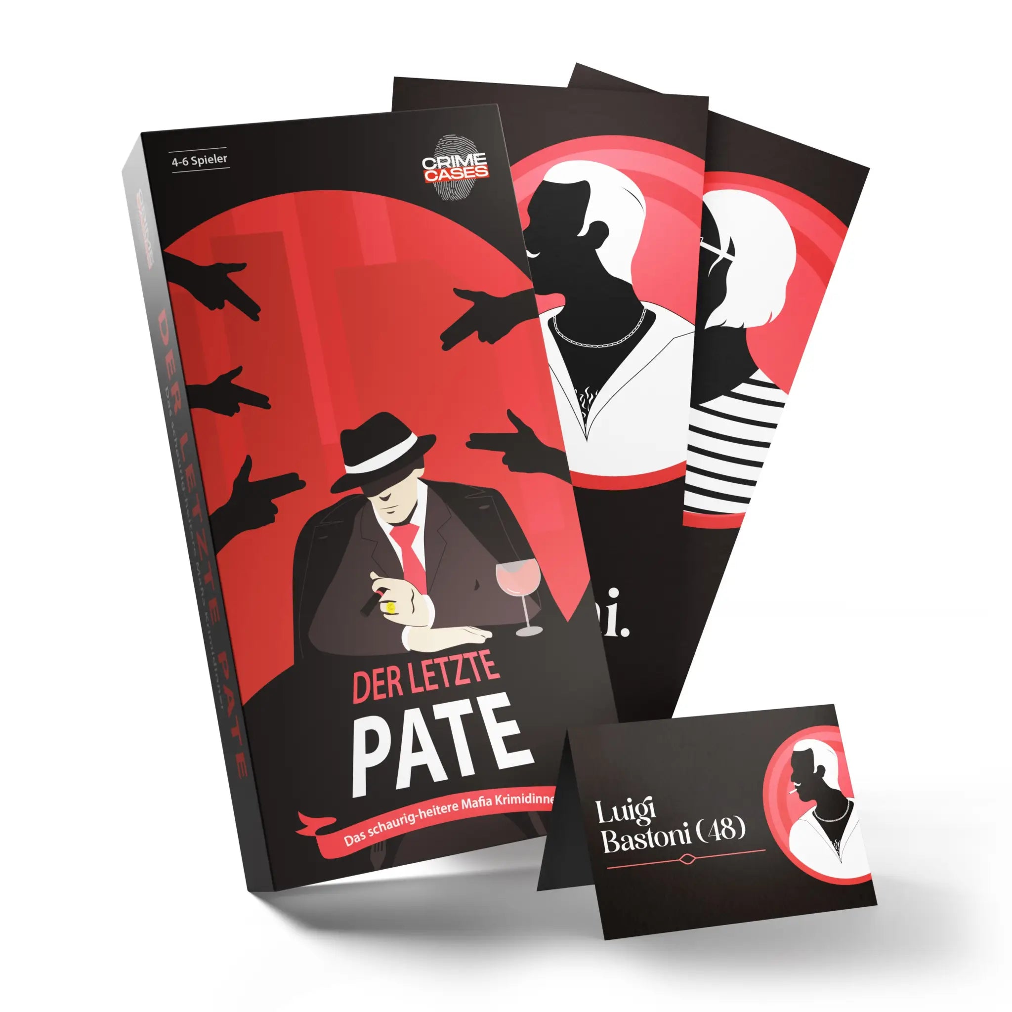 Schwarze spieleschachtel mit rotem und weißem grafikdesign und detektiv-silhouette krimidinner der letzte pate von luigi bastoni für 4-6 personen