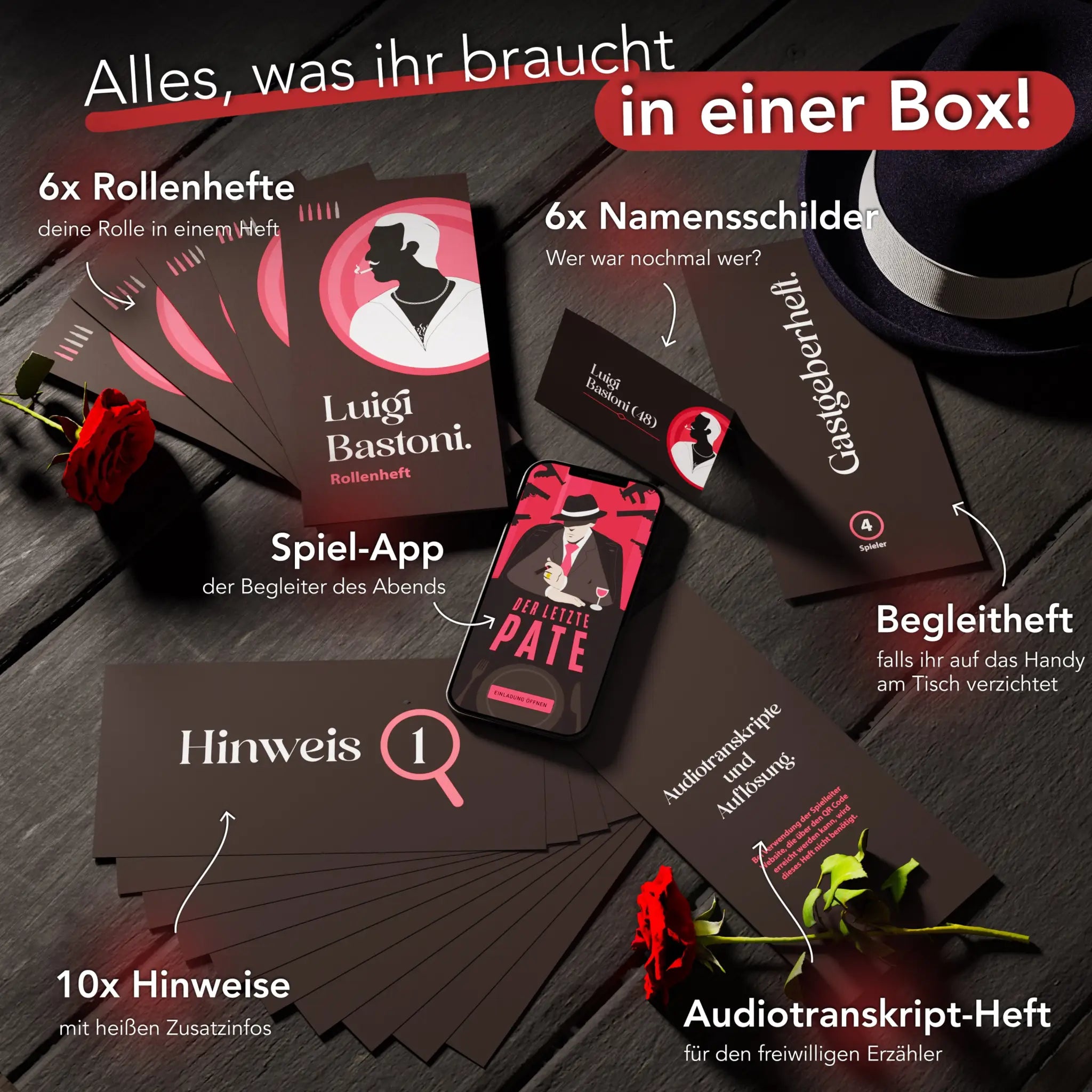 Dunkelbraunes notizbuch mit pinkem rundem design und luigi bastoni silhouette für krimidinner der letzte pate 4-6 personen