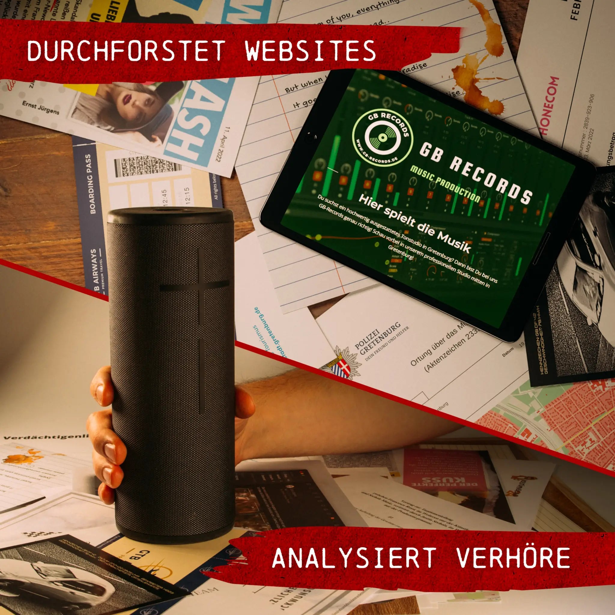 Schwarzer zylindrischer tragbarer lautsprecher mit strukturierter oberfläche und rundem logo für krimispiel tatort tonstudio