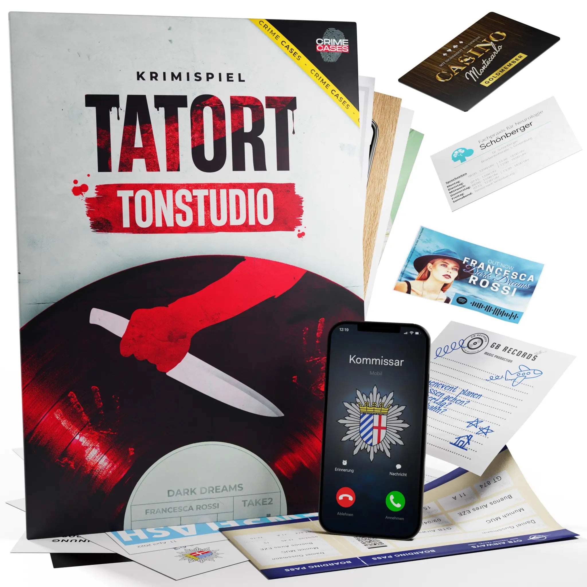 Krimispiel tatort tonstudio box mit schwarzem und rotem design hand hält messer über vinylplatte dargestellt