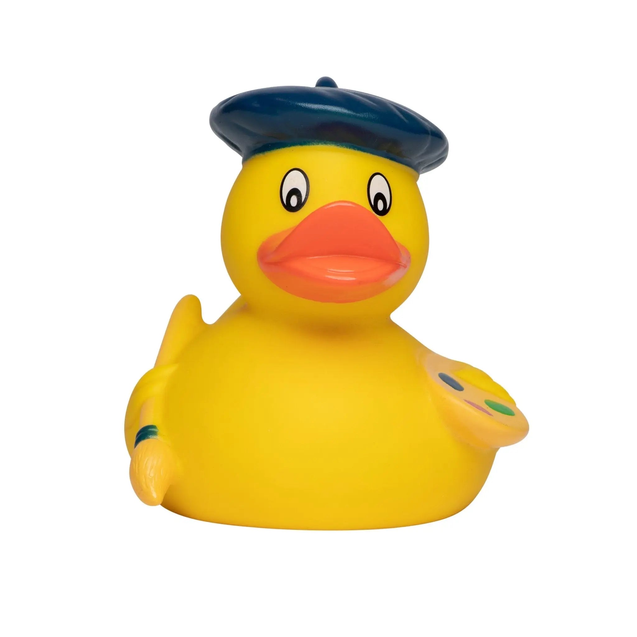 Gelbe badeente mit blauer baskenmütze und malerpalette als künstler und maler quietsche-ente