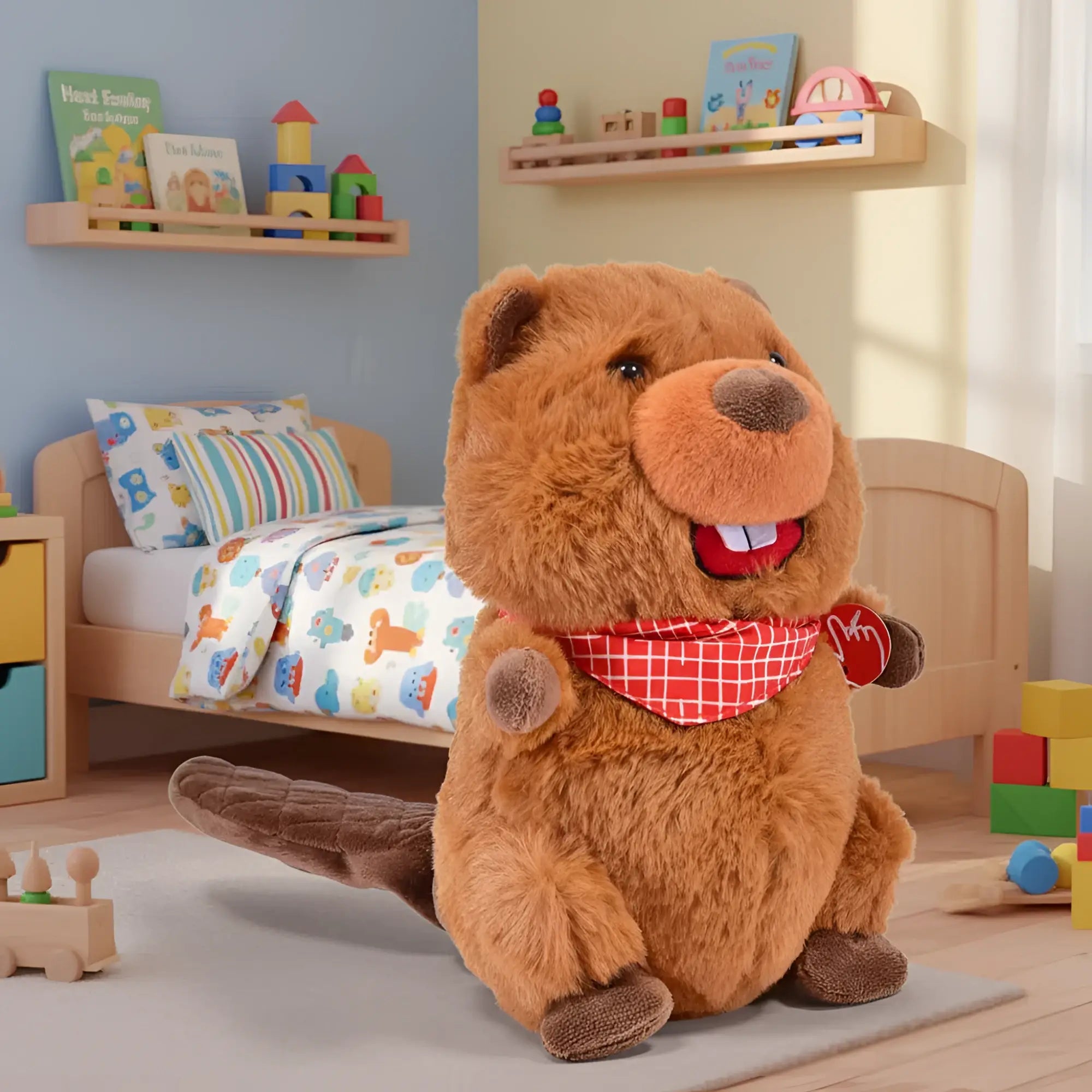 Ein brauner plüsch beaver mit rotem weiß kariertem halstuch und wackelndem schwanz von labertier