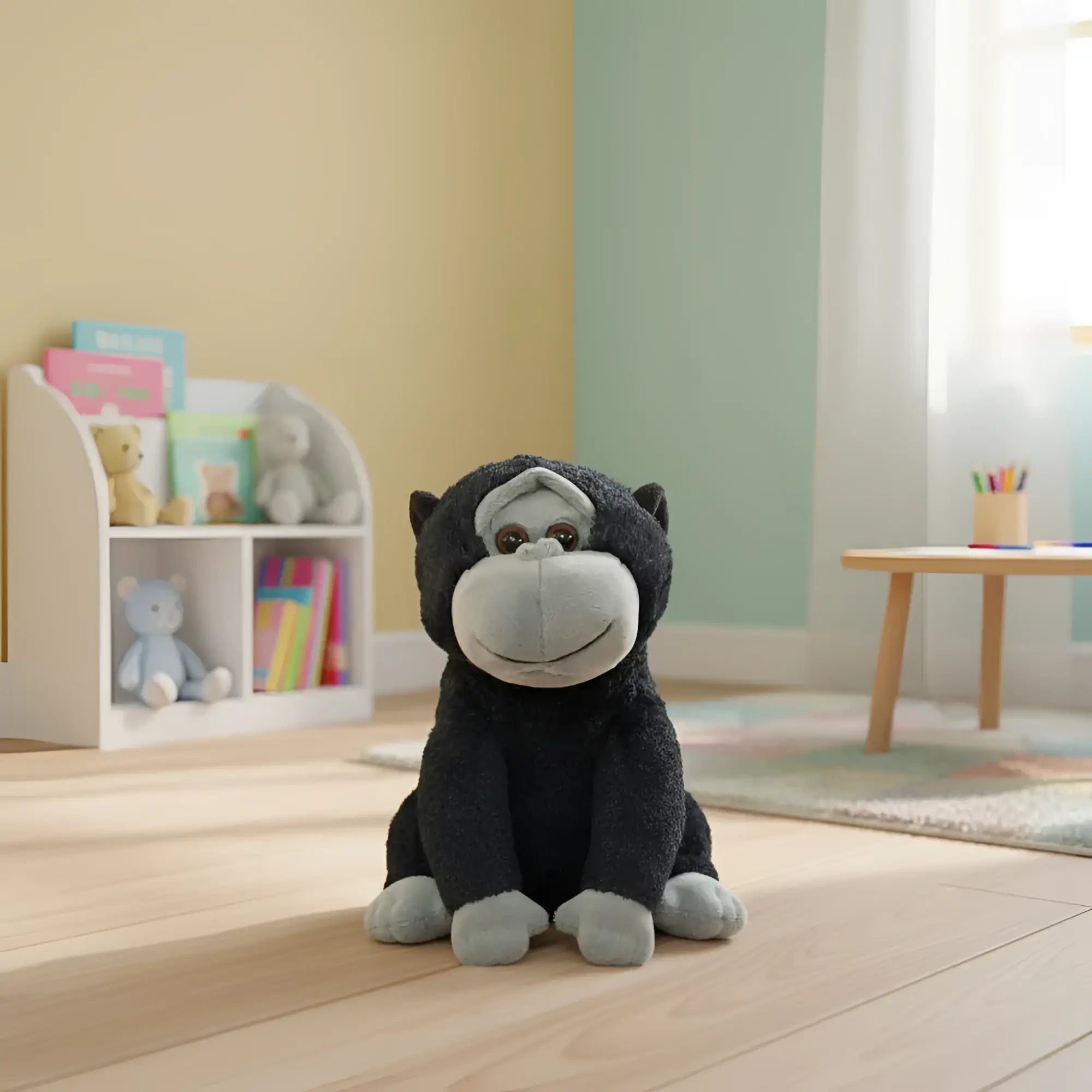 Ein flauschiger schwarzer laber-gorilla kong mit grauen gesichtszügen und füßen sitzt auf einem holzboden