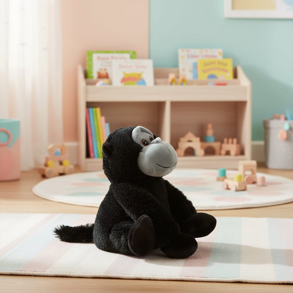 Ein kuscheliger schwarzer gorilla plüsch mit hellgrauem gesicht und weichem fell der laber-gorilla kong ist der freche dschungel-star zum nachplappern