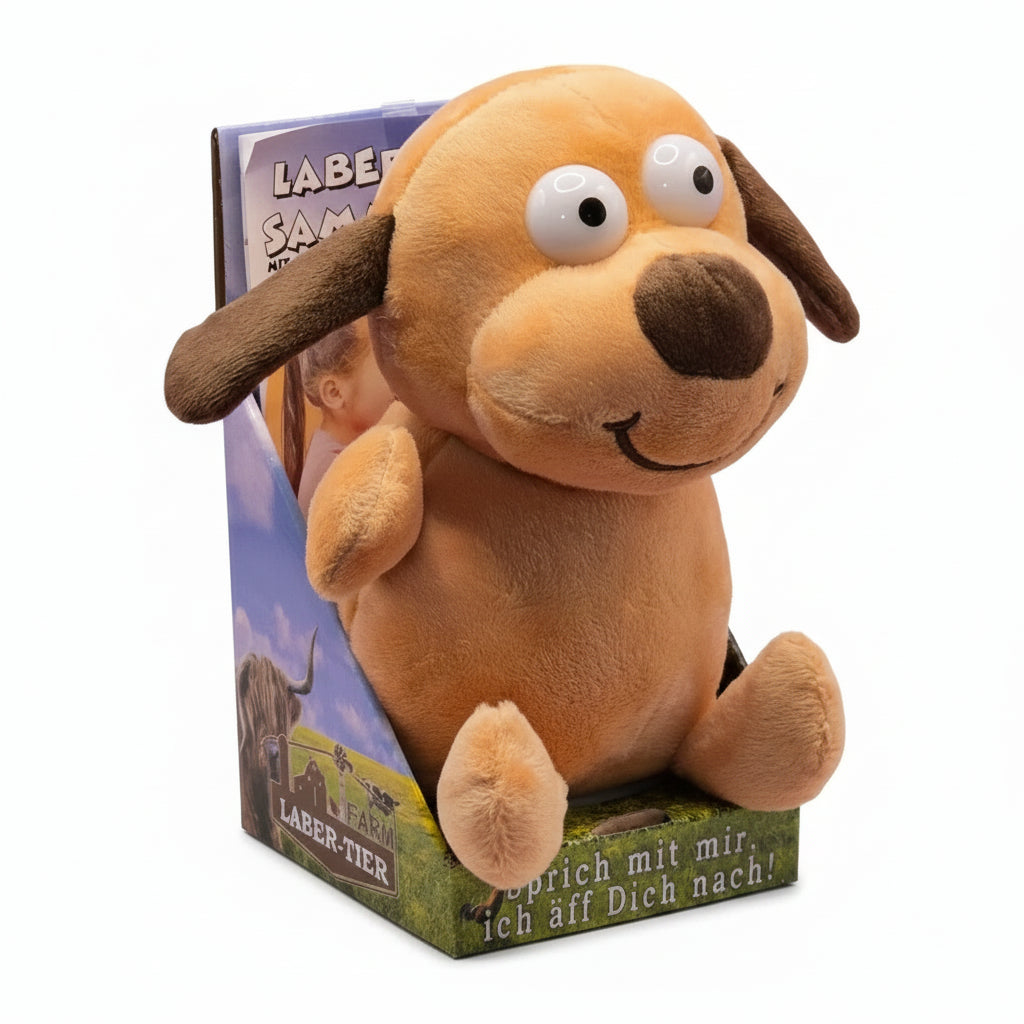 Ein plüschiger laber-hund bruno in beige mit braunen ohren und eingebauten batterien im originalverpackung