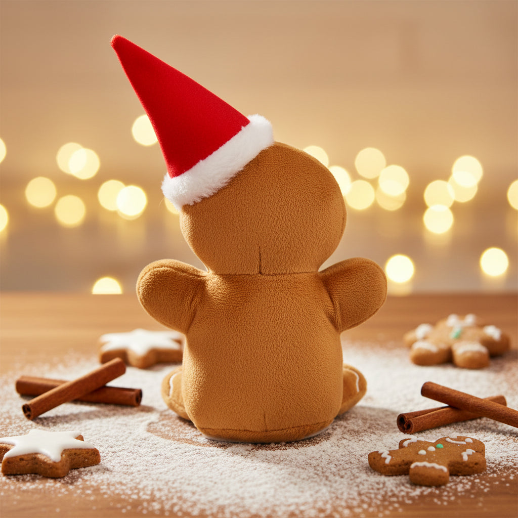 Ein kuscheliger laber lebkuchenmann ginny mit rotem weihnachtshut und weißen fellbesatz inklusive batterien