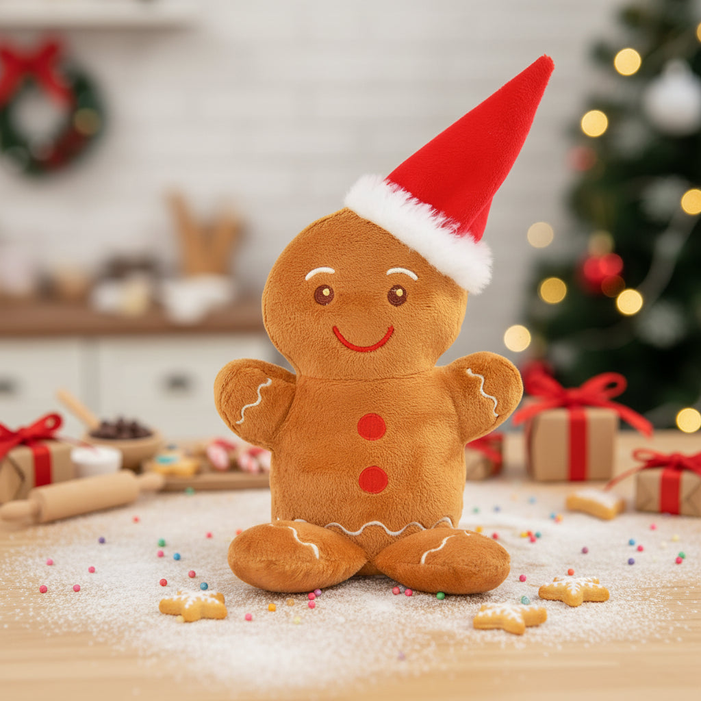 Laber-lebkuchenmann ginny plush toy with red santa hat brown fabric and embroidered face inkl batterien 17x16x17,5cm