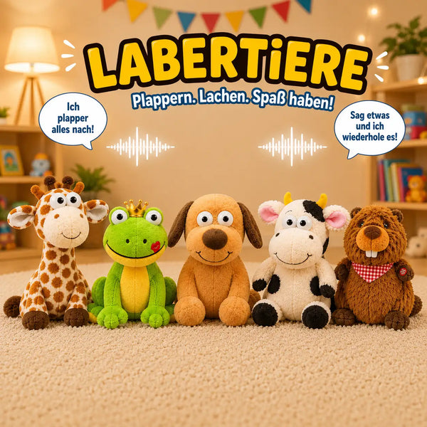 Stofftier-Spielzeugset mit Giraffe, Frosch mit Krone, Hund, Kuh und Biber aus weichem Stoff mit bestickten Details.