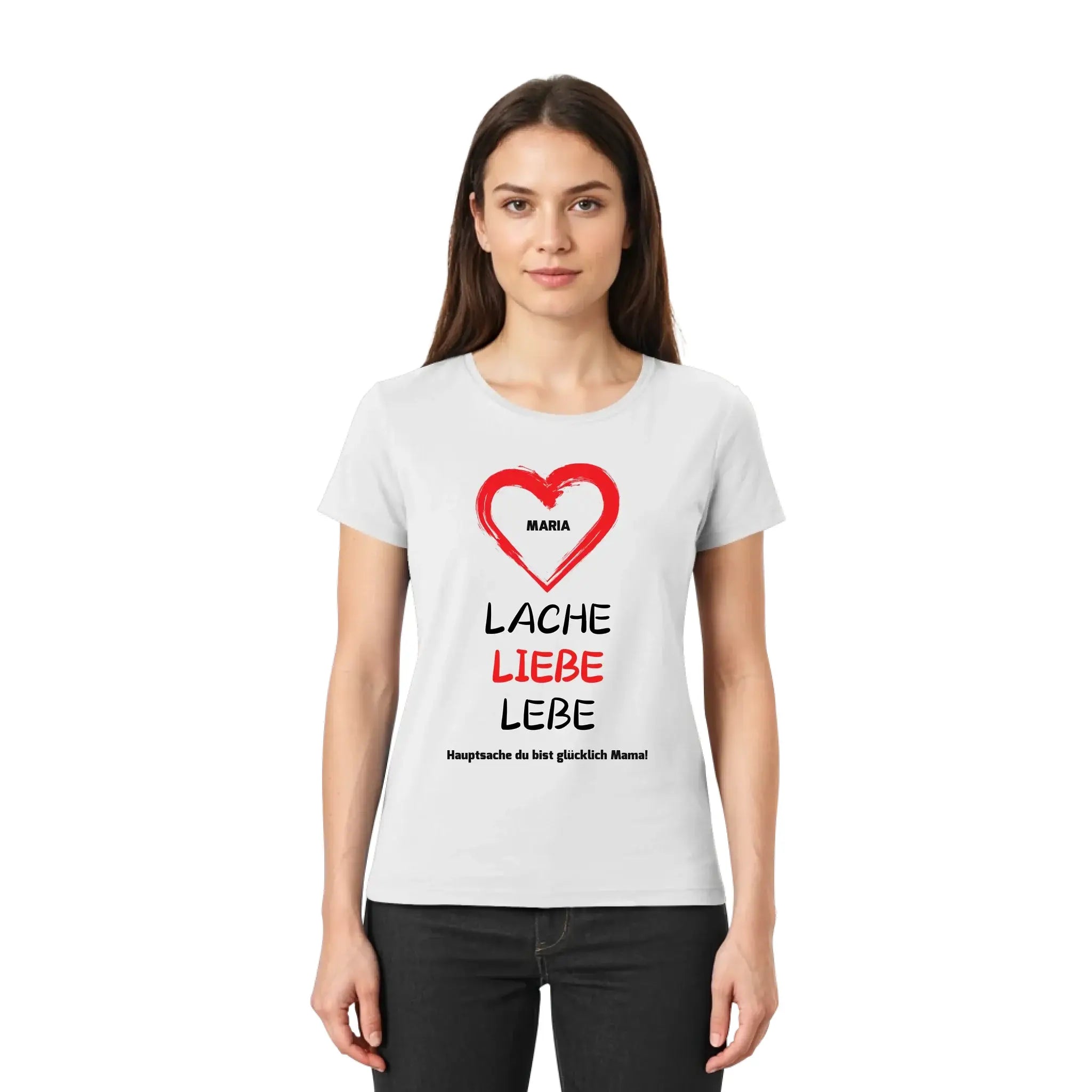 Weißes baumwollshirt mit rotem herz und schwarzem text lache liebe lebe mit name maria im herz aus statement collection beste mama