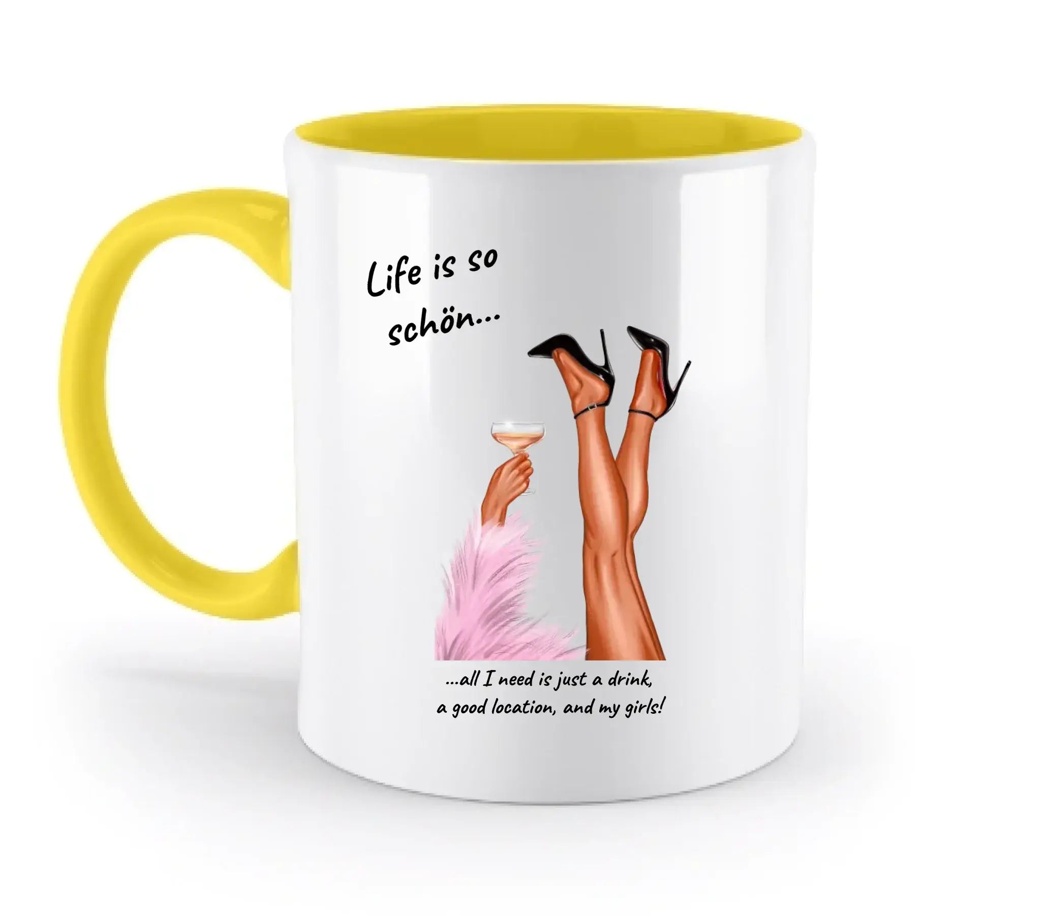 Weiße keramiktasse mit gelbem griff und innen, schwarze high heel beine mit cocktailglas als motiv, personalisierbar
